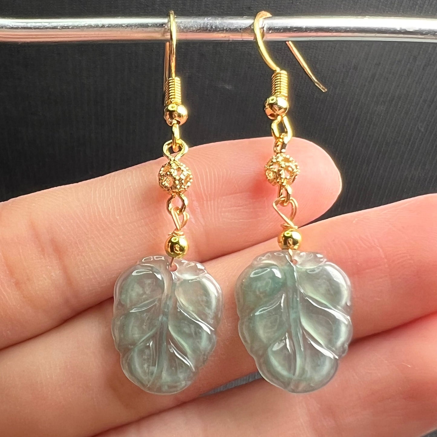 Natural jadeite Transparent Leaf eardrop jade Earrings with gold plated bail Burma Jade Grade A jade earbob jade bead Jewelry gift for her