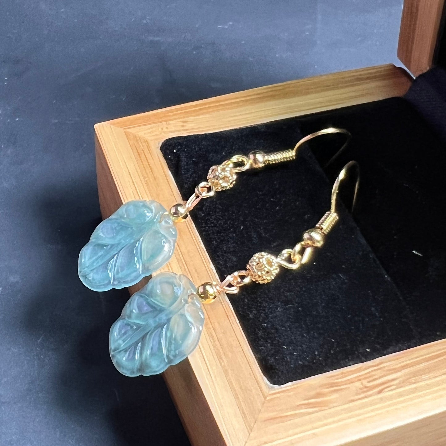 Natural jadeite Transparent Leaf eardrop jade Earrings with gold plated bail Burma Jade Grade A jade earbob jade bead Jewelry gift for her