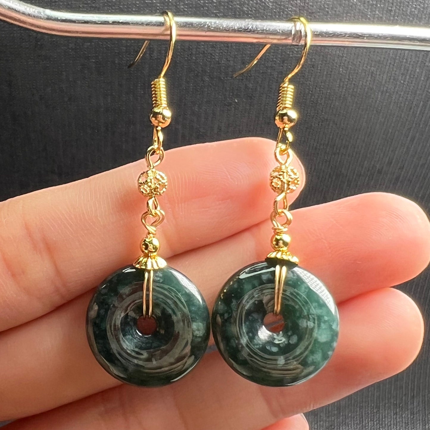 Natural jadeite Transparent Donut eardrop jade Earrings with gold plated bail Burma Jade Grade A jade Dougunt earbob Jewelry gift for her