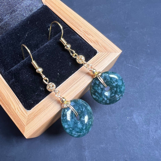 Natural jadeite Transparent Donut eardrop jade Earrings with gold plated bail Burma Jade Grade A jade Dougunt earbob Jewelry gift for her