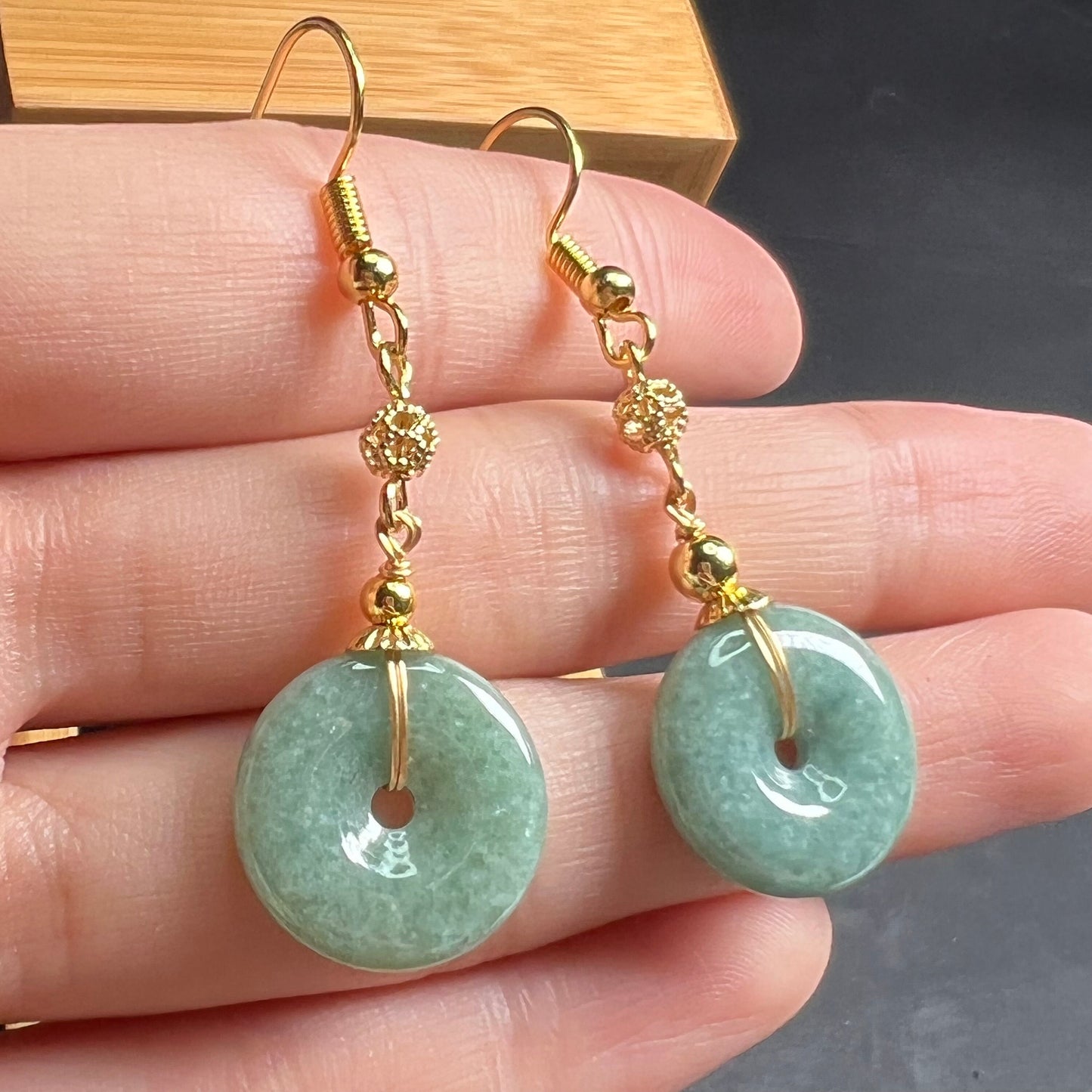 Natural jadeite Transparent Donut eardrop jade Earrings with gold plated bail Burma Jade Grade A jade Dougunt earbob Jewelry gift for her