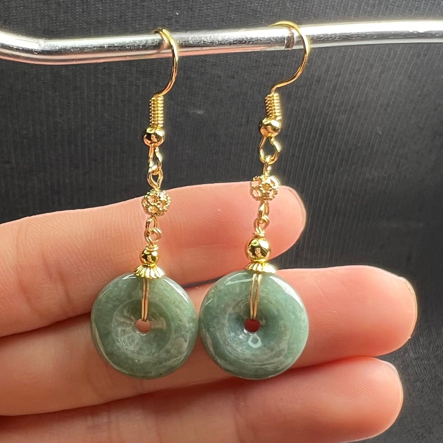 Natural jadeite Transparent Donut eardrop jade Earrings with gold plated bail Burma Jade Grade A jade Dougunt earbob Jewelry gift for her