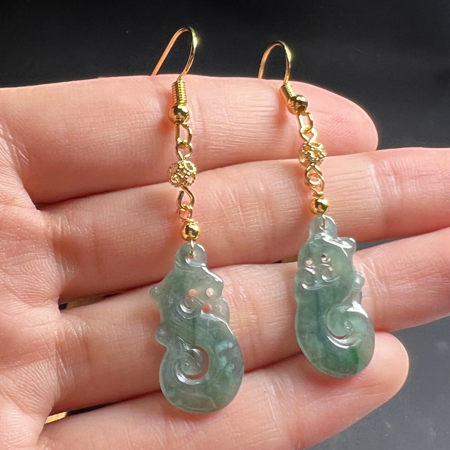 Vintage Dragon Natural jadeite Transparent eardrop jade Earrings with gold plated bail Burma Jade Grade A jade earbob Jewelry gift for her