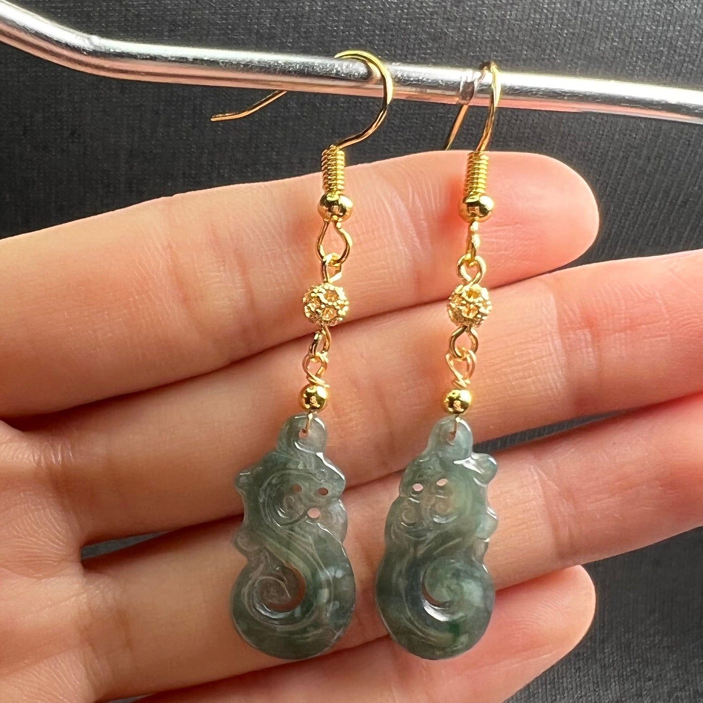 Vintage Dragon Natural jadeite Transparent eardrop jade Earrings with gold plated bail Burma Jade Grade A jade earbob Jewelry gift for her