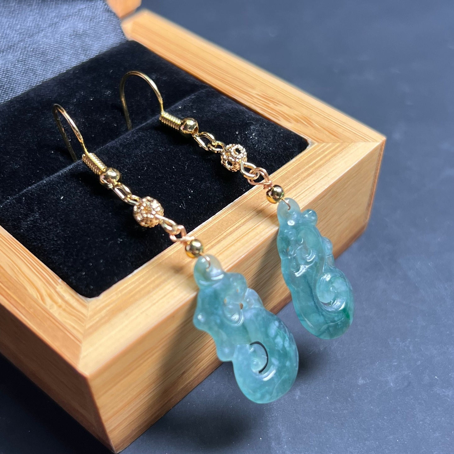 Vintage Dragon Natural jadeite Transparent eardrop jade Earrings with gold plated bail Burma Jade Grade A jade earbob Jewelry gift for her