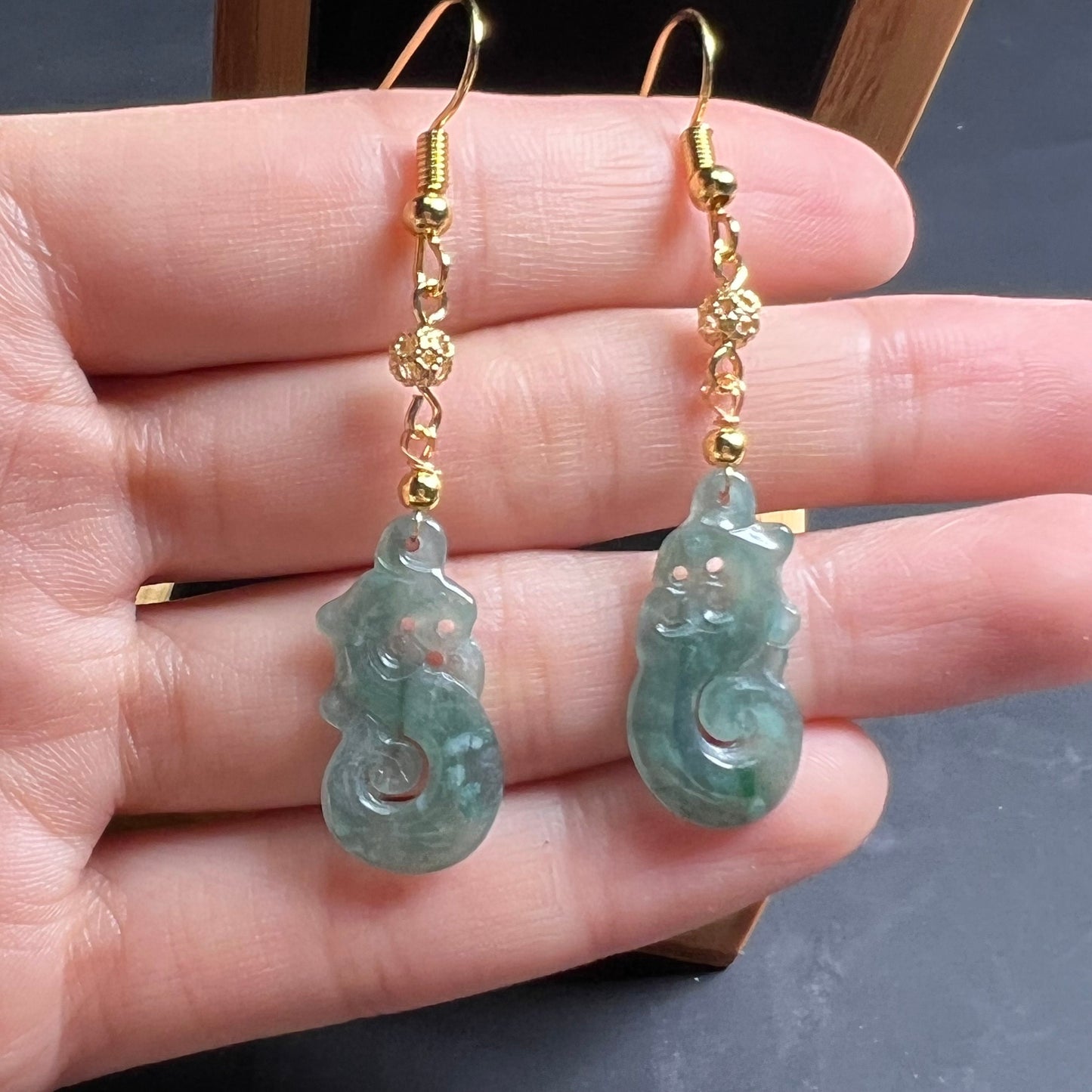 Vintage Dragon Natural jadeite Transparent eardrop jade Earrings with gold plated bail Burma Jade Grade A jade earbob Jewelry gift for her