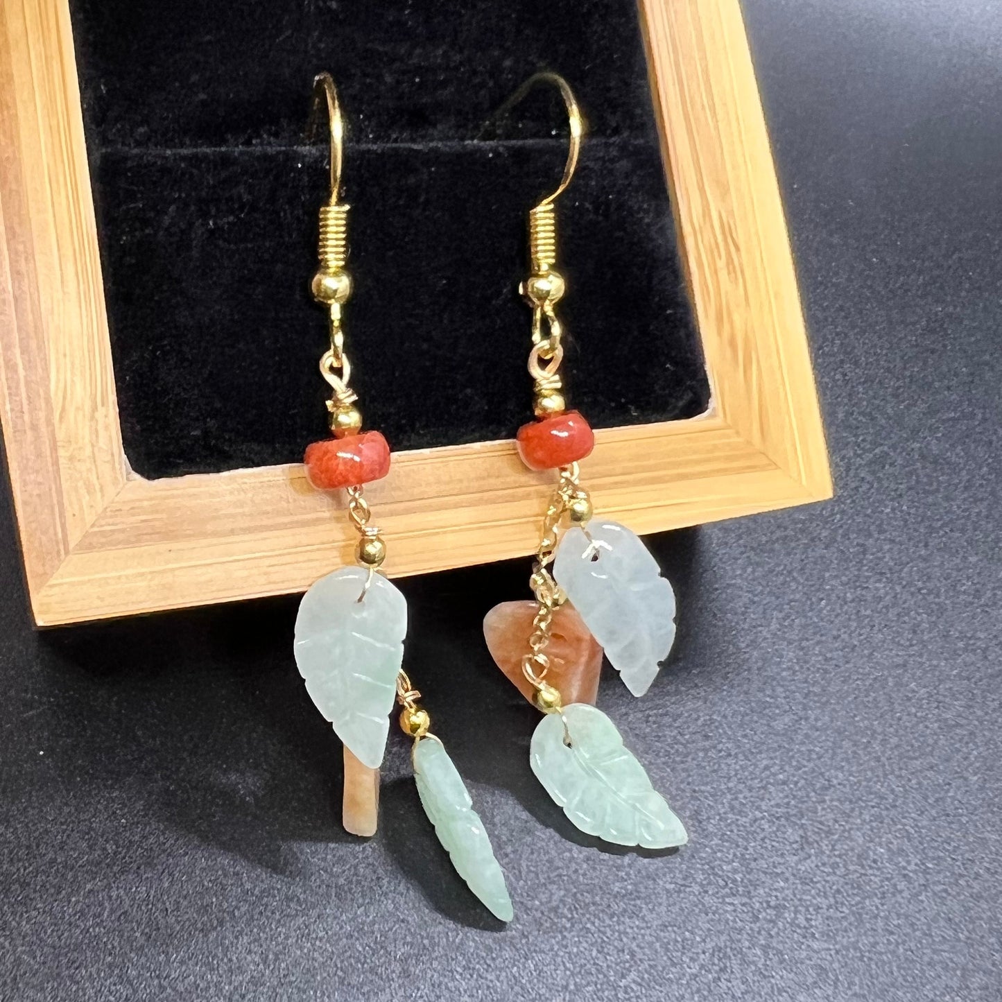 Natural jadeite Leaf eardrop jade Earrings with gold plated bail Burma Jade Grade A jade earbob jade loose beads Jewelry gift for her