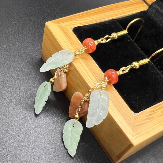 Natural jadeite Leaf eardrop jade Earrings with gold plated bail Burma Jade Grade A jade earbob jade loose beads Jewelry gift for her