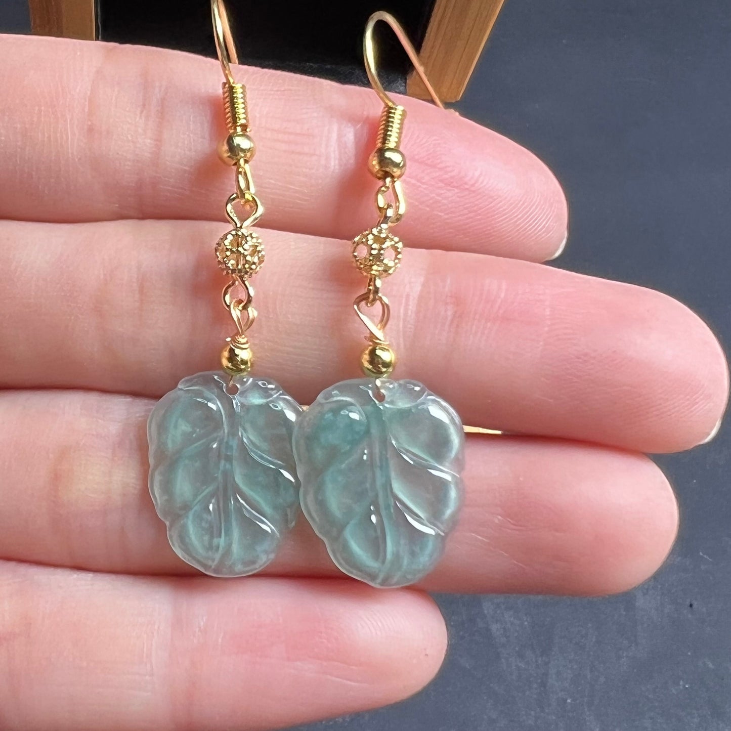 Natural jadeite Transparent Leaf eardrop jade Earrings with gold plated bail Burma Jade Grade A jade earbob jade bead Jewelry gift for her