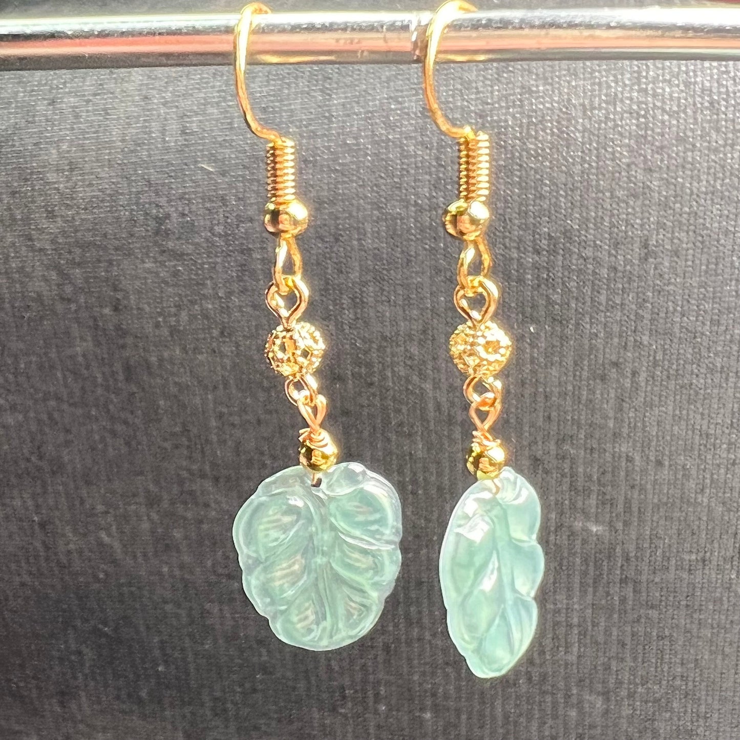 Natural jadeite Transparent Leaf eardrop jade Earrings with gold plated bail Burma Jade Grade A jade earbob jade bead Jewelry gift for her