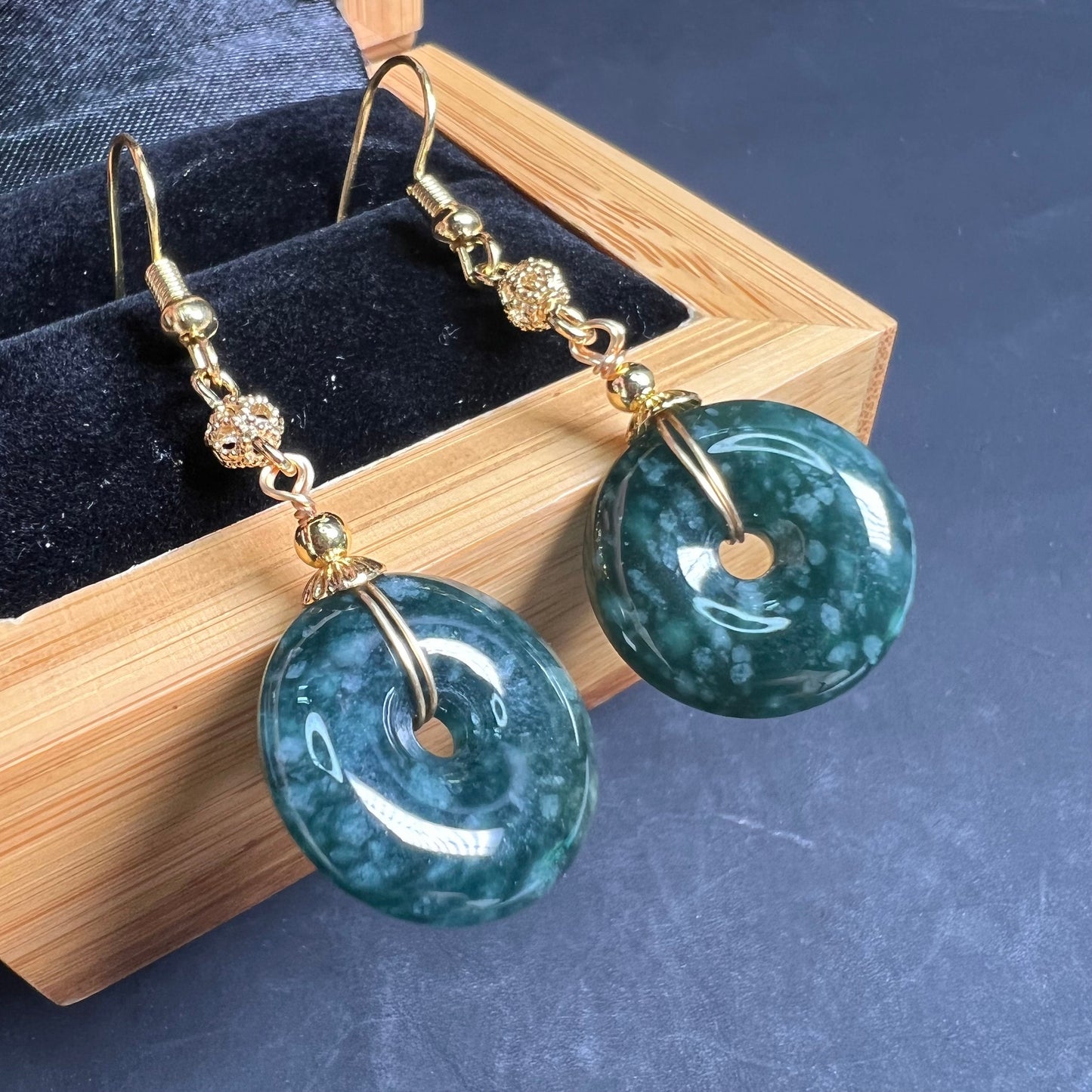 Natural jadeite Transparent Donut eardrop jade Earrings with gold plated bail Burma Jade Grade A jade Dougunt earbob Jewelry gift for her