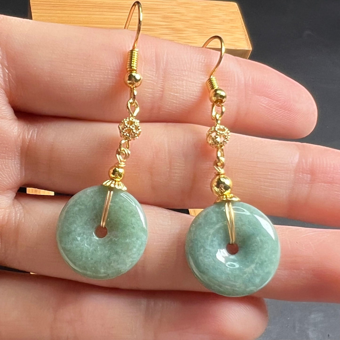 Natural jadeite Transparent Donut eardrop jade Earrings with gold plated bail Burma Jade Grade A jade Dougunt earbob Jewelry gift for her