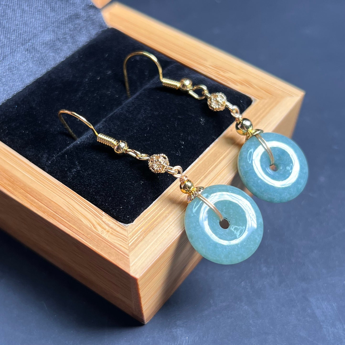 Natural jadeite Transparent Donut eardrop jade Earrings with gold plated bail Burma Jade Grade A jade Dougunt earbob Jewelry gift for her