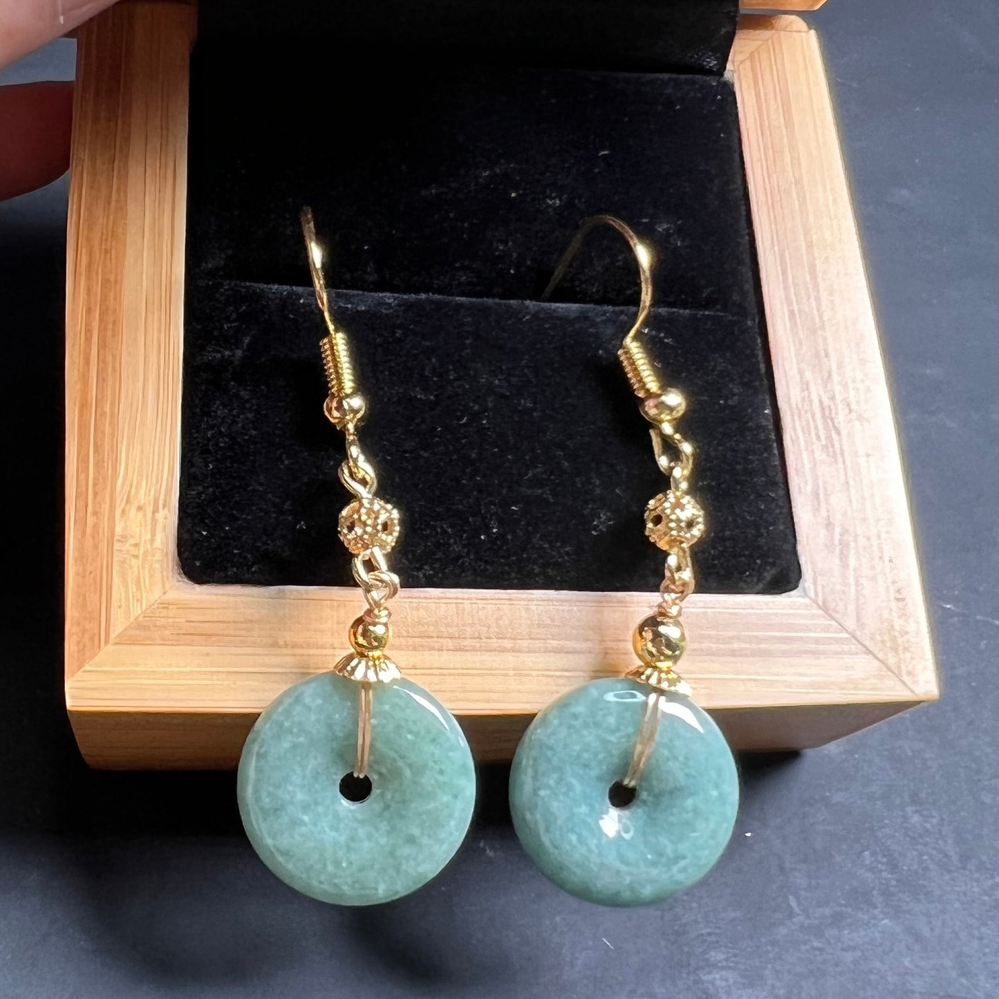 Natural jadeite Transparent Donut eardrop jade Earrings with gold plated bail Burma Jade Grade A jade Dougunt earbob Jewelry gift for her