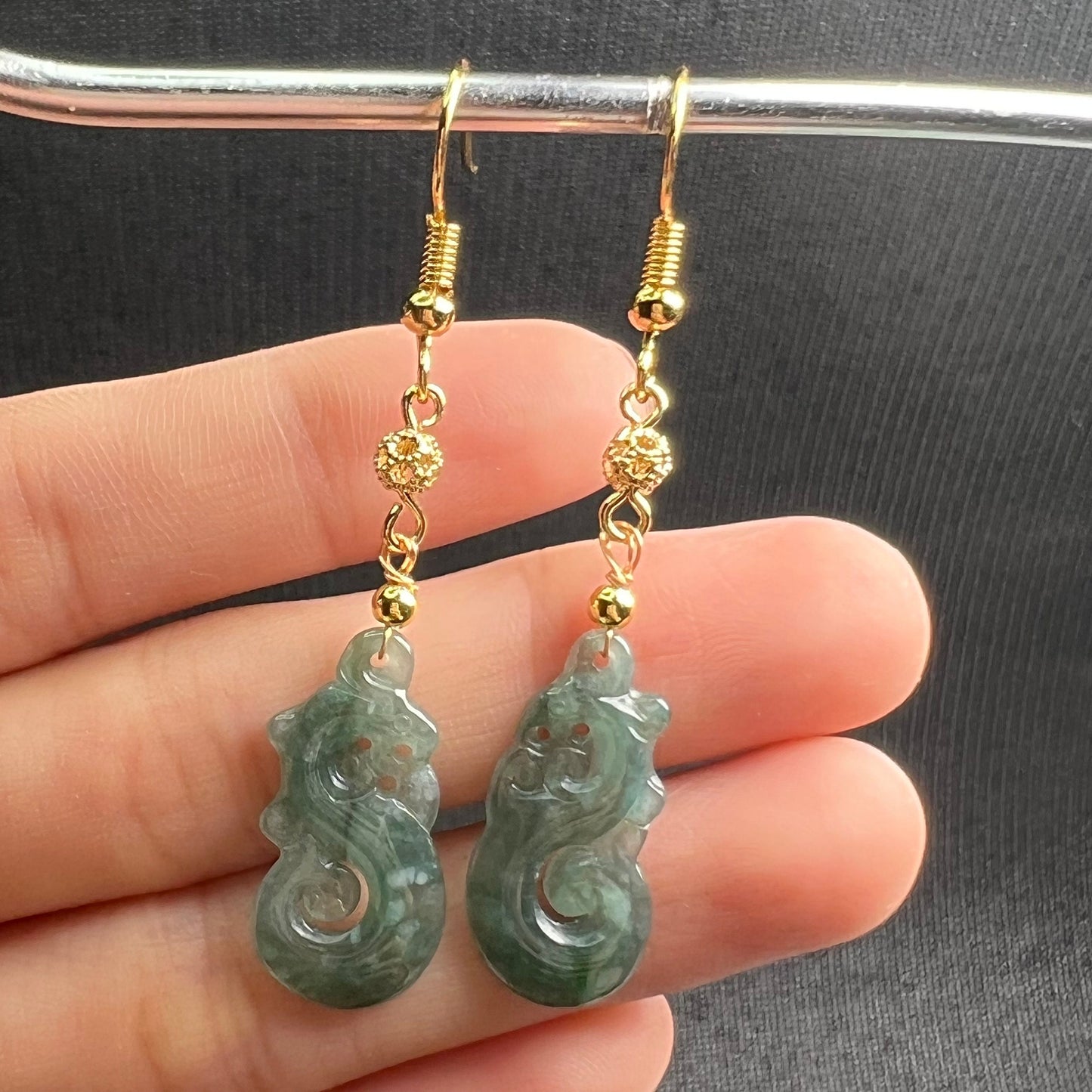 Vintage Dragon Natural jadeite Transparent eardrop jade Earrings with gold plated bail Burma Jade Grade A jade earbob Jewelry gift for her