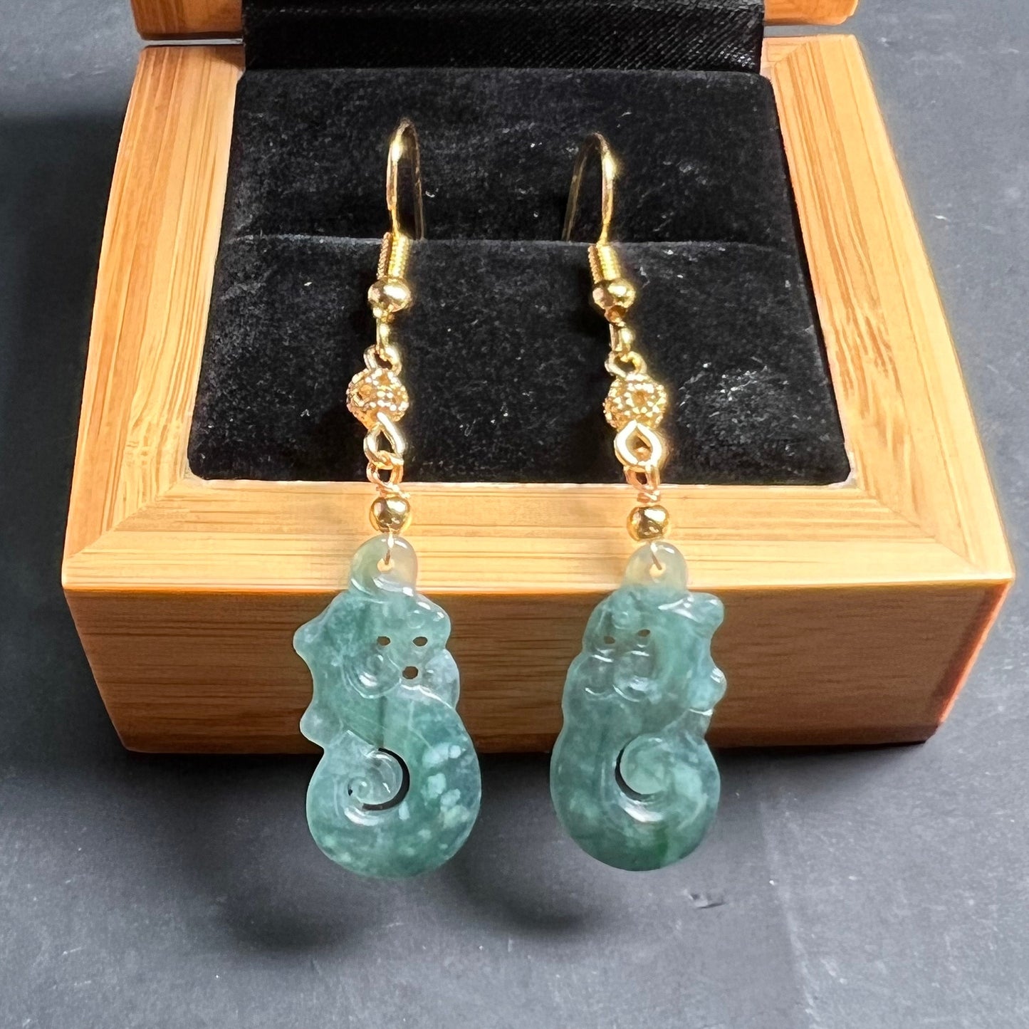 Vintage Dragon Natural jadeite Transparent eardrop jade Earrings with gold plated bail Burma Jade Grade A jade earbob Jewelry gift for her