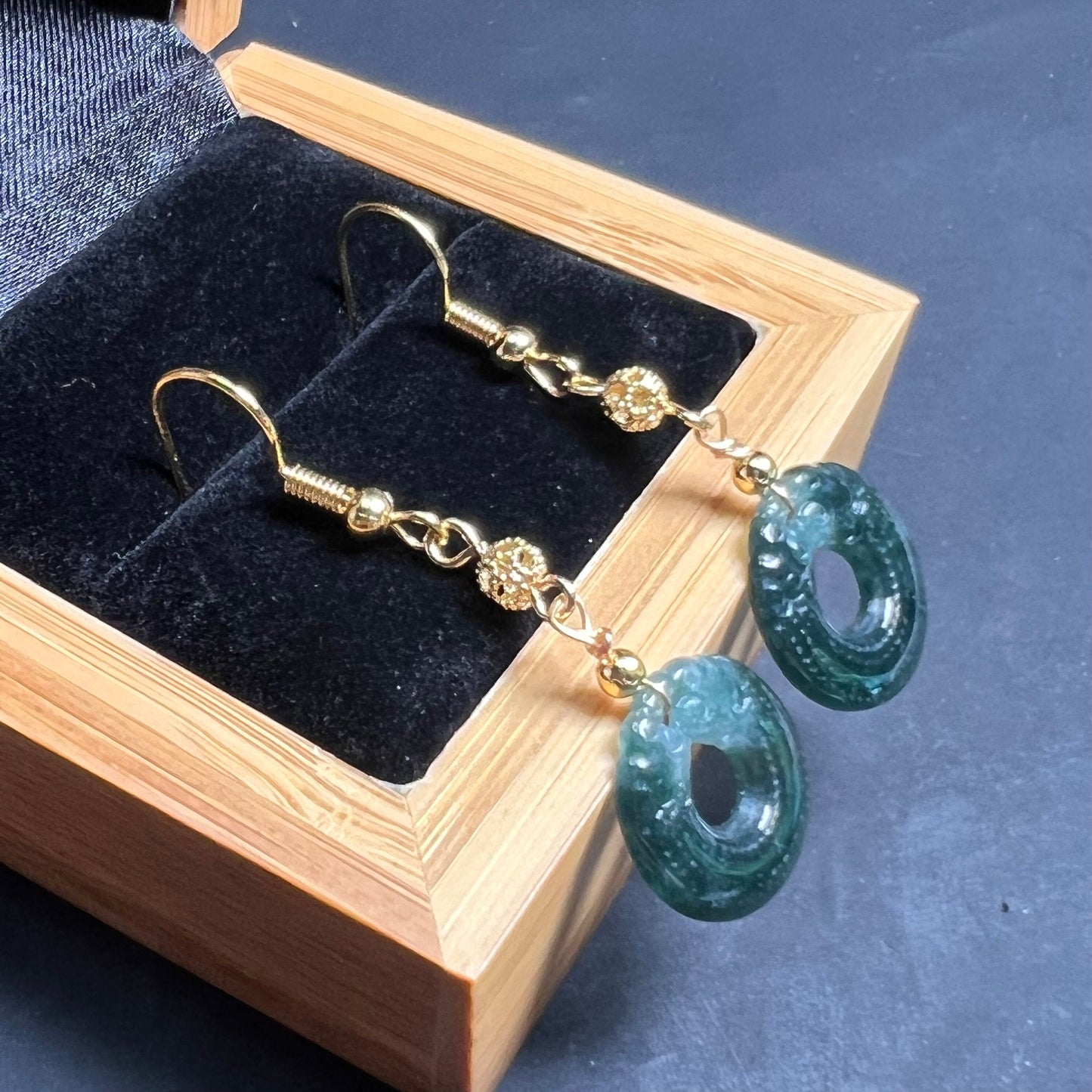 Vintage Dragon Donut Natural jadeite Transparent eardrop Earrings with gold plated bail Blue Jade Grade A jade earbob Jewelry gift for her