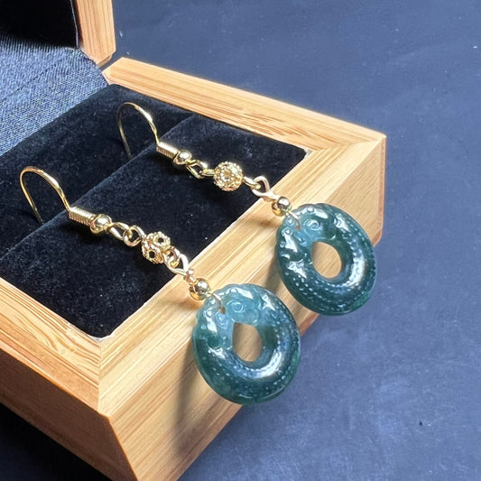 Vintage Dragon Donut Natural jadeite Transparent eardrop Earrings with gold plated bail Blue Jade Grade A jade earbob Jewelry gift for her