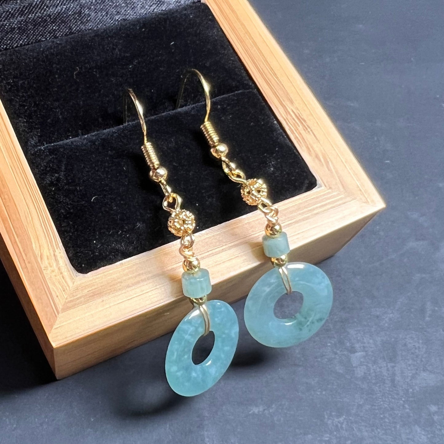 Natural jadeite Transparent Donut ring eardrop jade Earrings with gold plated bail Blue Jade Grade A jade Dougunt Jewelry gift for her