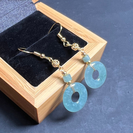 Natural jadeite Transparent Donut ring eardrop jade Earrings with gold plated bail Blue Jade Grade A jade Dougunt Jewelry gift for her