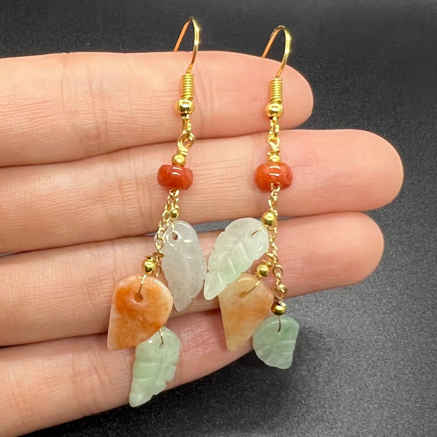 Natural jadeite Leaf eardrop jade Earrings with gold plated bail Burma Jade Grade A jade earbob jade loose beads Jewelry gift for her