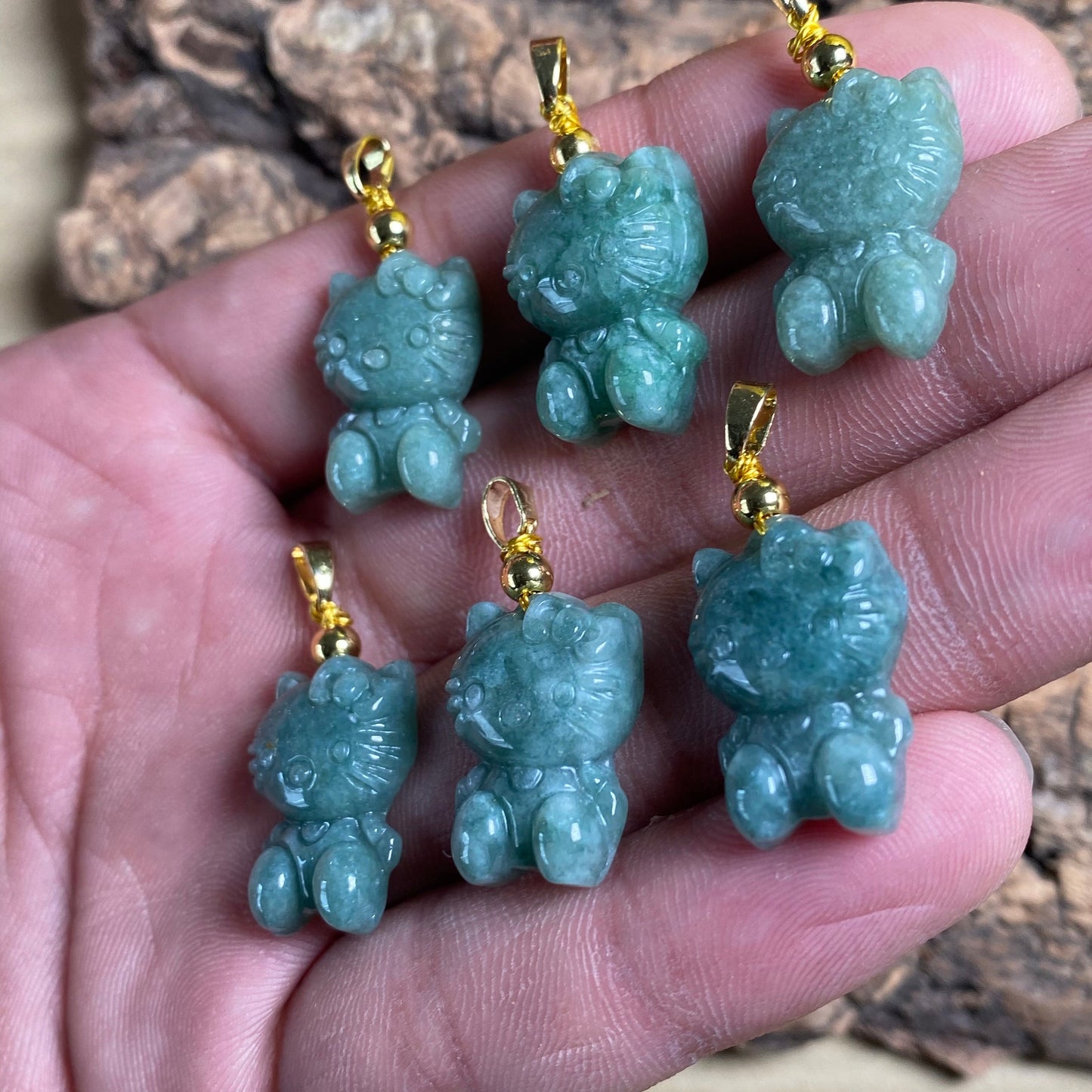 Wholesale Grade A Jade Hello Cute Kitty Cat with gold plated bail pendant Natural green Jade Burma Jadeite Beads Cartoon earrings gift