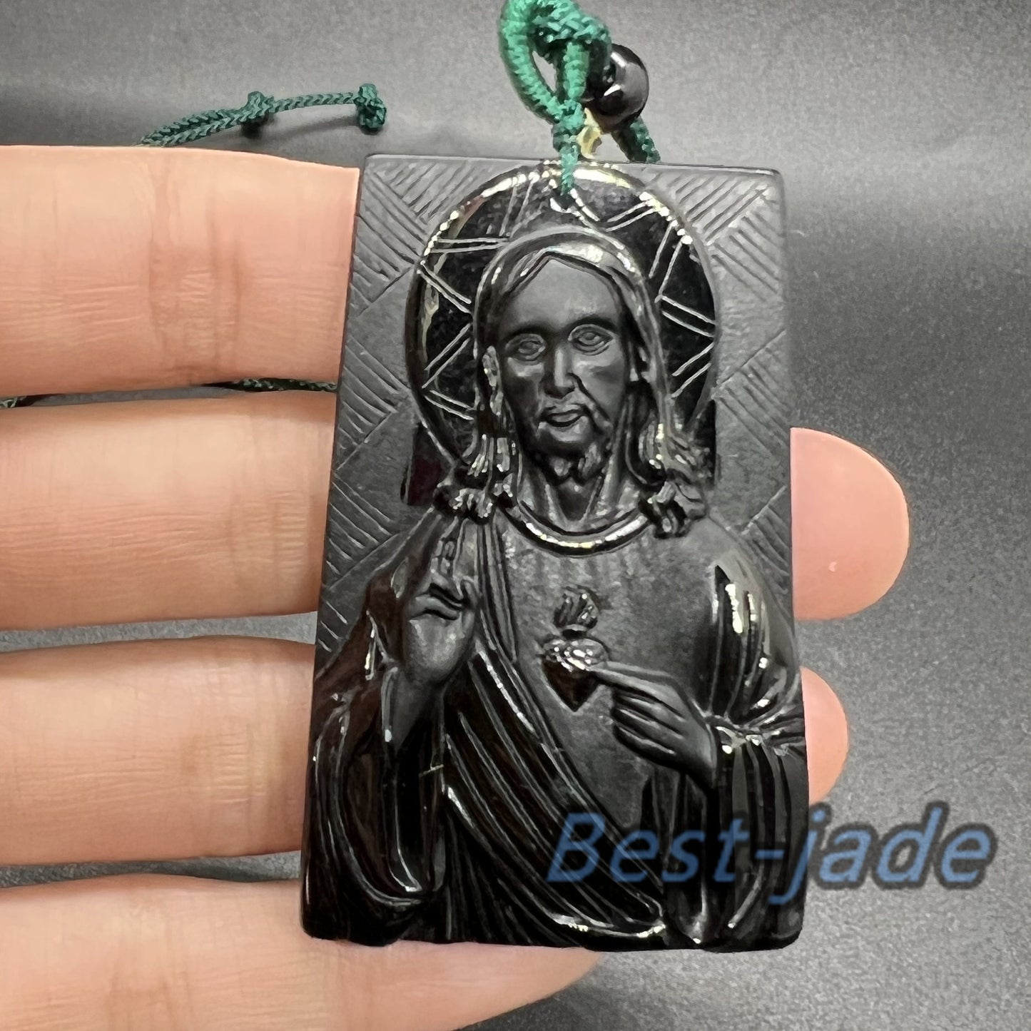 Jesus Pendant Natural Black Grade A Jade goddess Black Mo jade Burma jade Christian necklace