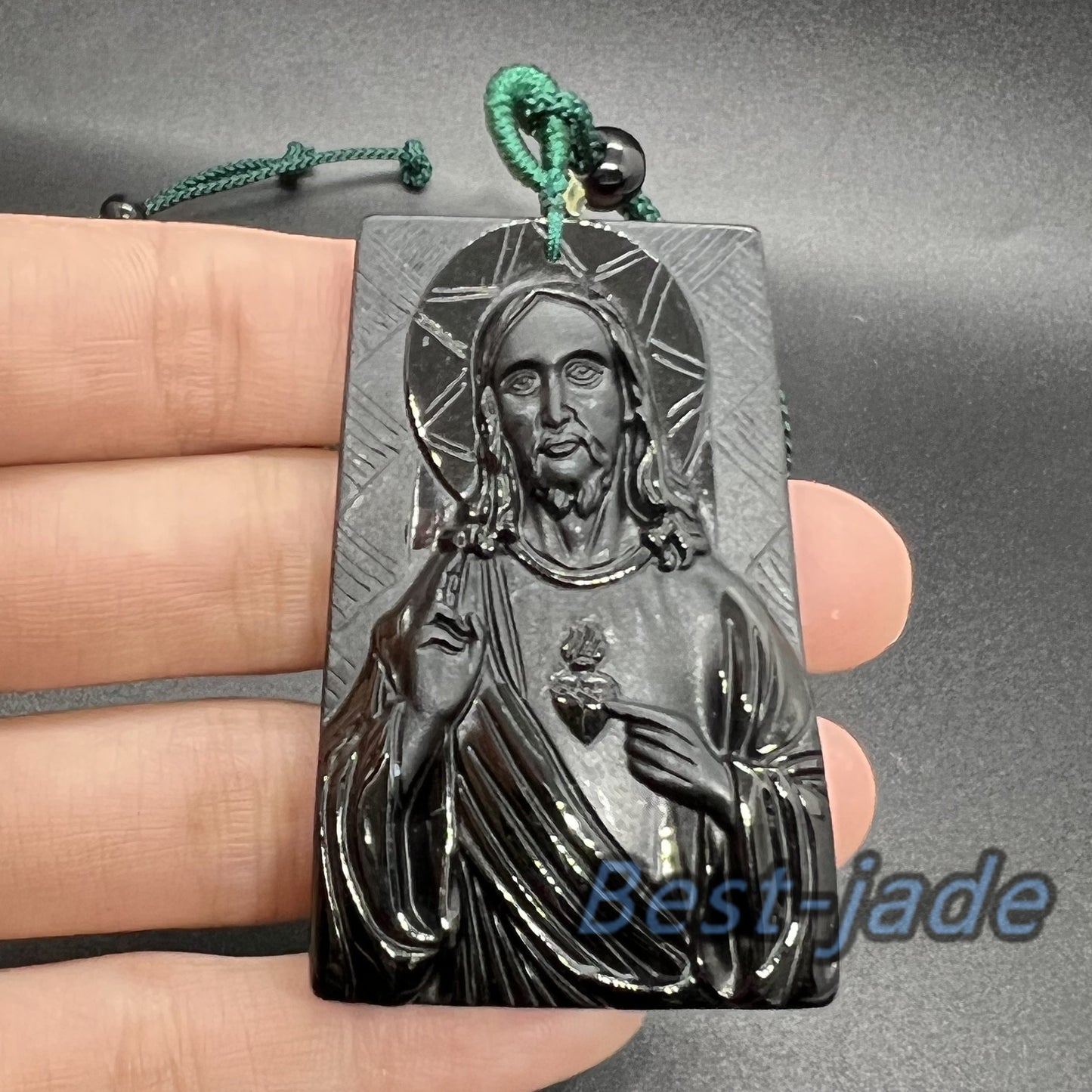 Jesus Pendant Natural Black Grade A Jade goddess Black Mo jade Burma jade Christian necklace