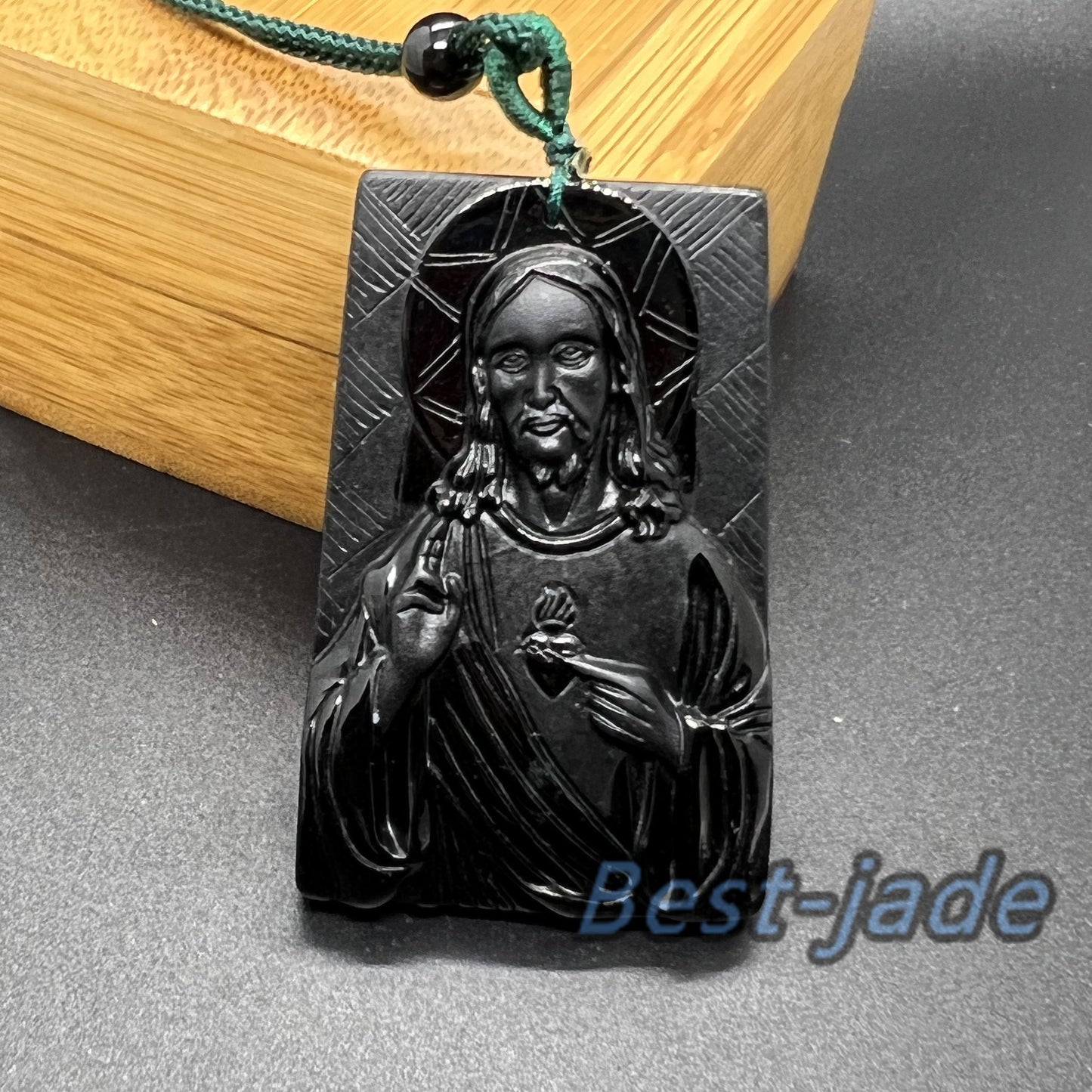 Jesus Pendant Natural Black Grade A Jade goddess Black Mo jade Burma jade Christian necklace