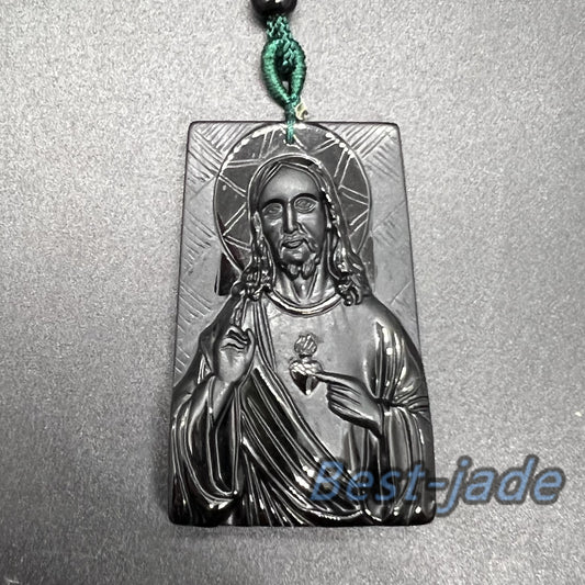 Jesus Pendant Natural Black Grade A Jade goddess Black Mo jade Burma jade Christian necklace