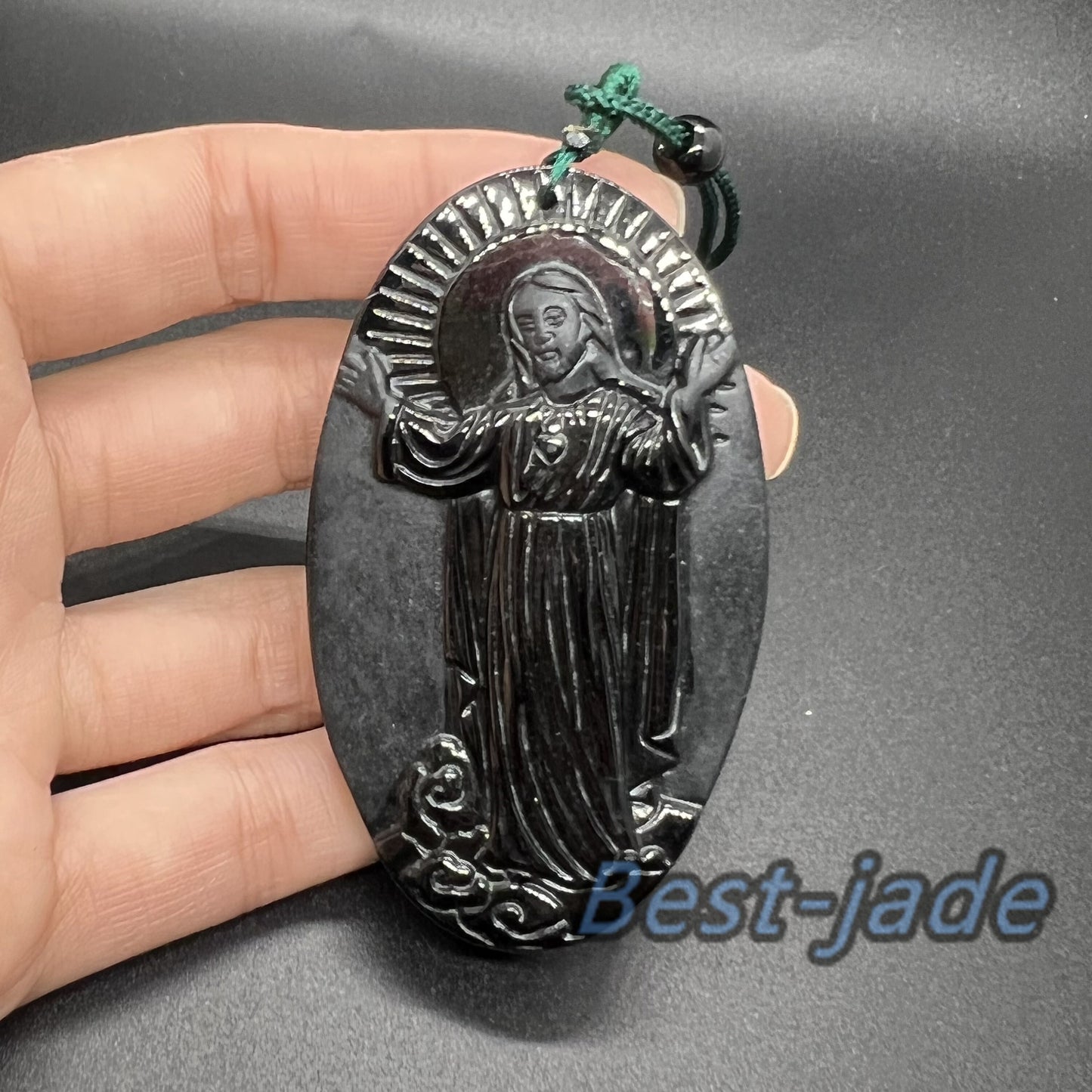 Jesus Pendant Natural Black Grade A Jade goddess Black Mo jade Burma jade Christian necklace