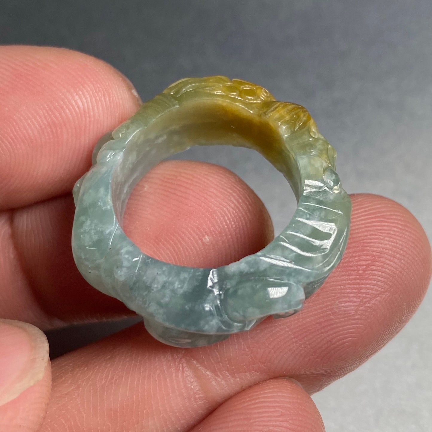 18mm Custom Carved dragon Grade A jade  Band Ring Natural yellow blue Jadeite Hand carved bead gemstone Lady jadeware gift