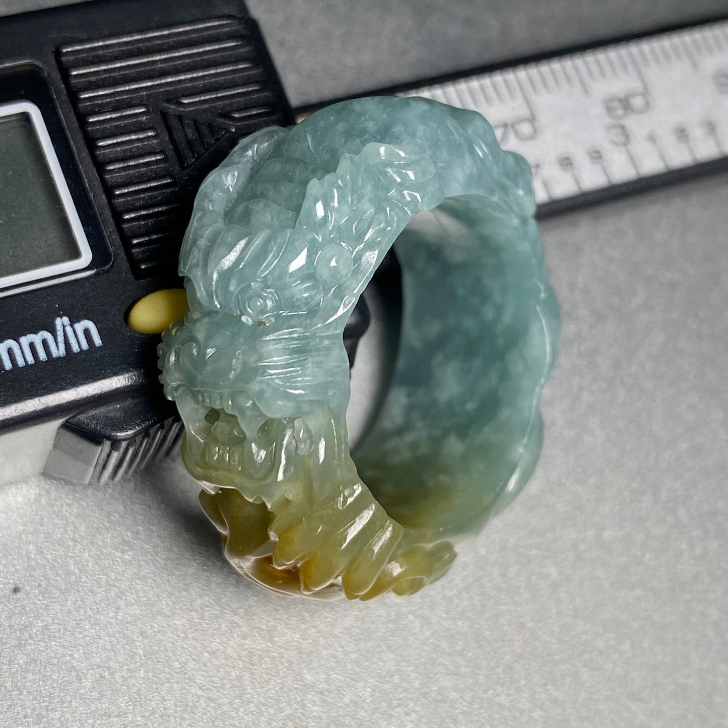 20.2mm Custom Carved dragon Grade A jade  Band Ring Natural yellow blue Jadeite Hand carved bead gemstone Lady jadeware gift