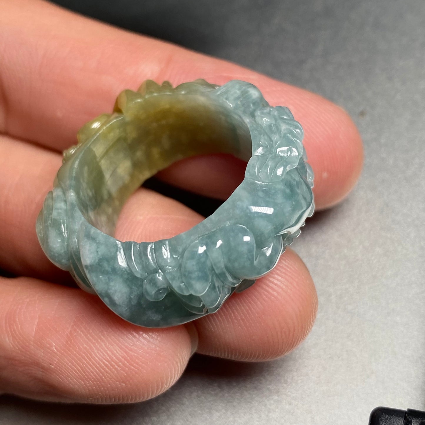 20.2mm Custom Carved dragon Grade A jade  Band Ring Natural yellow blue Jadeite Hand carved bead gemstone Lady jadeware gift