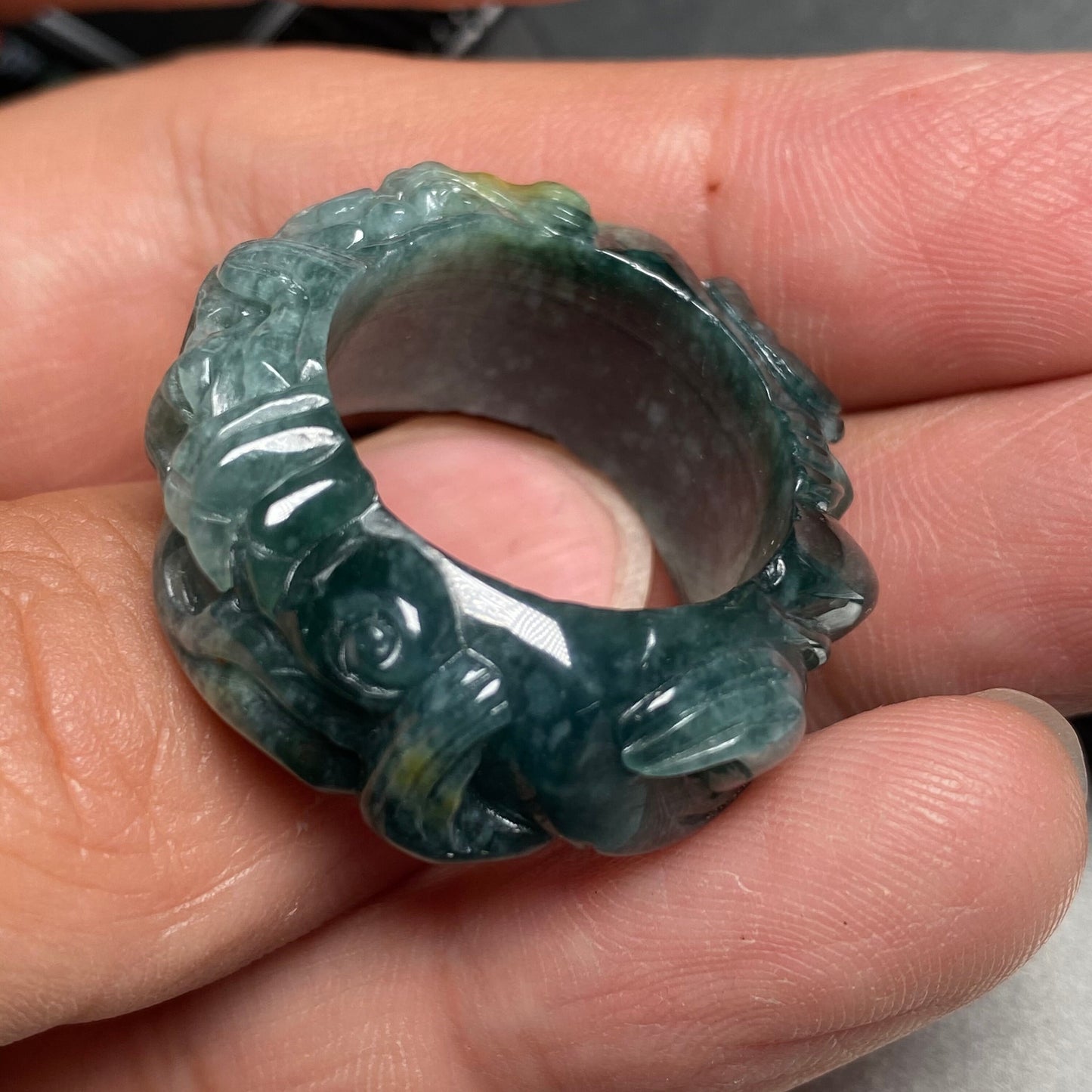 20.1mm Custom Carved dragon Grade A jade  Band Ring Natural yellow blue Jadeite Hand carved bead gemstone Lady jadeware gift