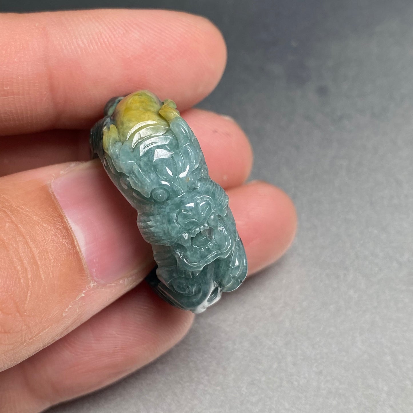 20.1mm Custom Carved dragon Grade A jade  Band Ring Natural yellow blue Jadeite Hand carved bead gemstone Lady jadeware gift