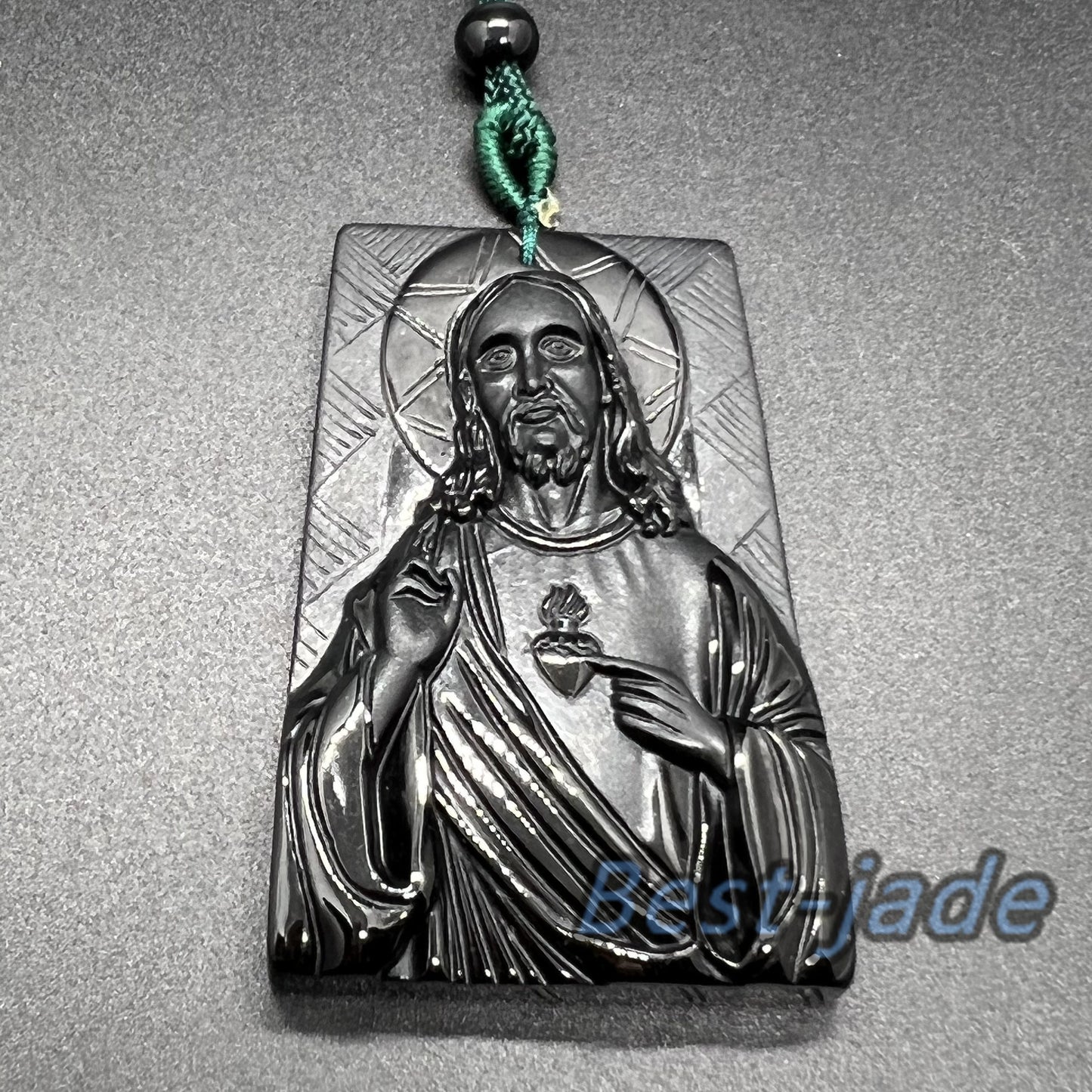 Jesus Pendant Natural Black Grade A Jade goddess Black Mo jade Burma jade Christian necklace