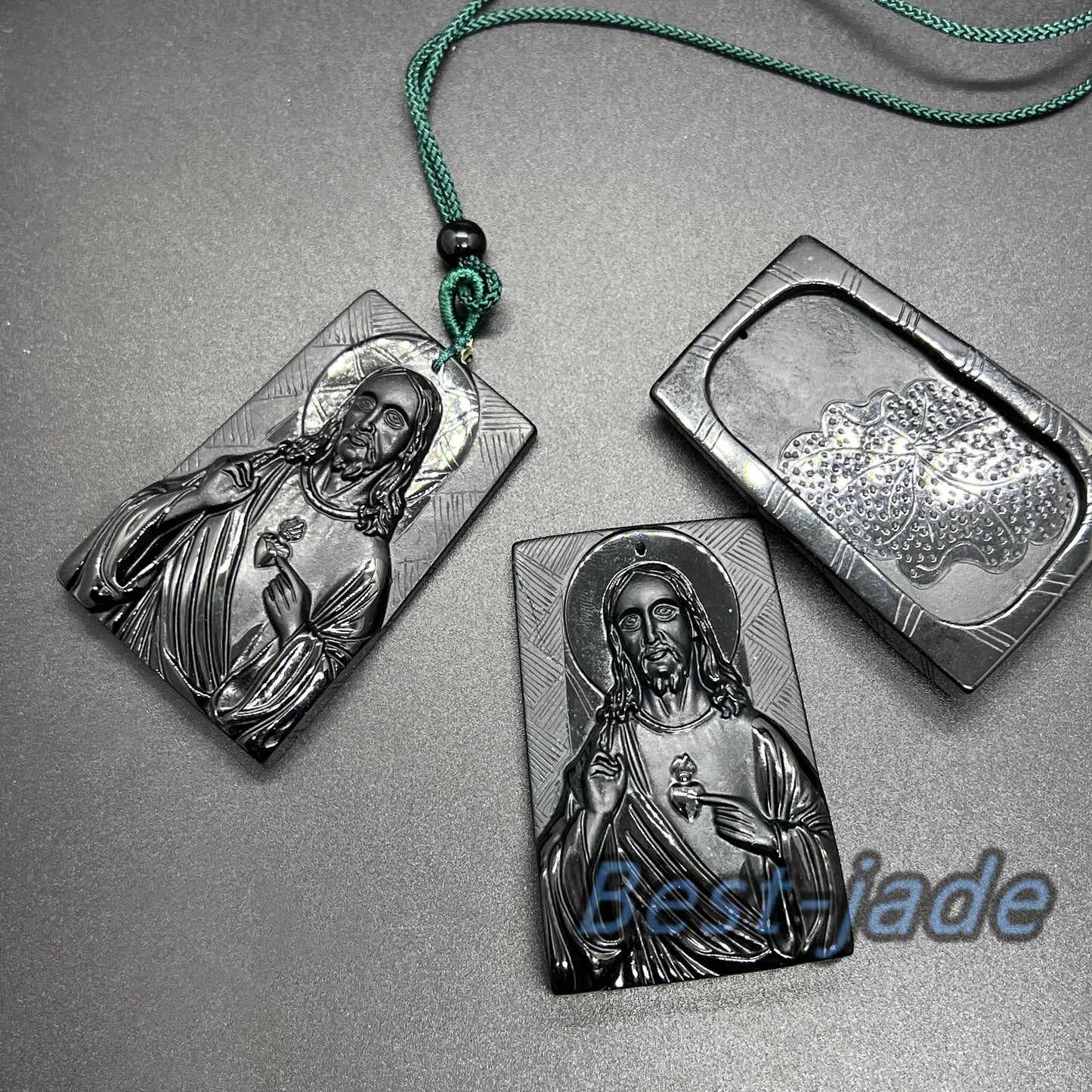 Jesus Pendant Natural Black Grade A Jade goddess Black Mo jade Burma jade Christian necklace