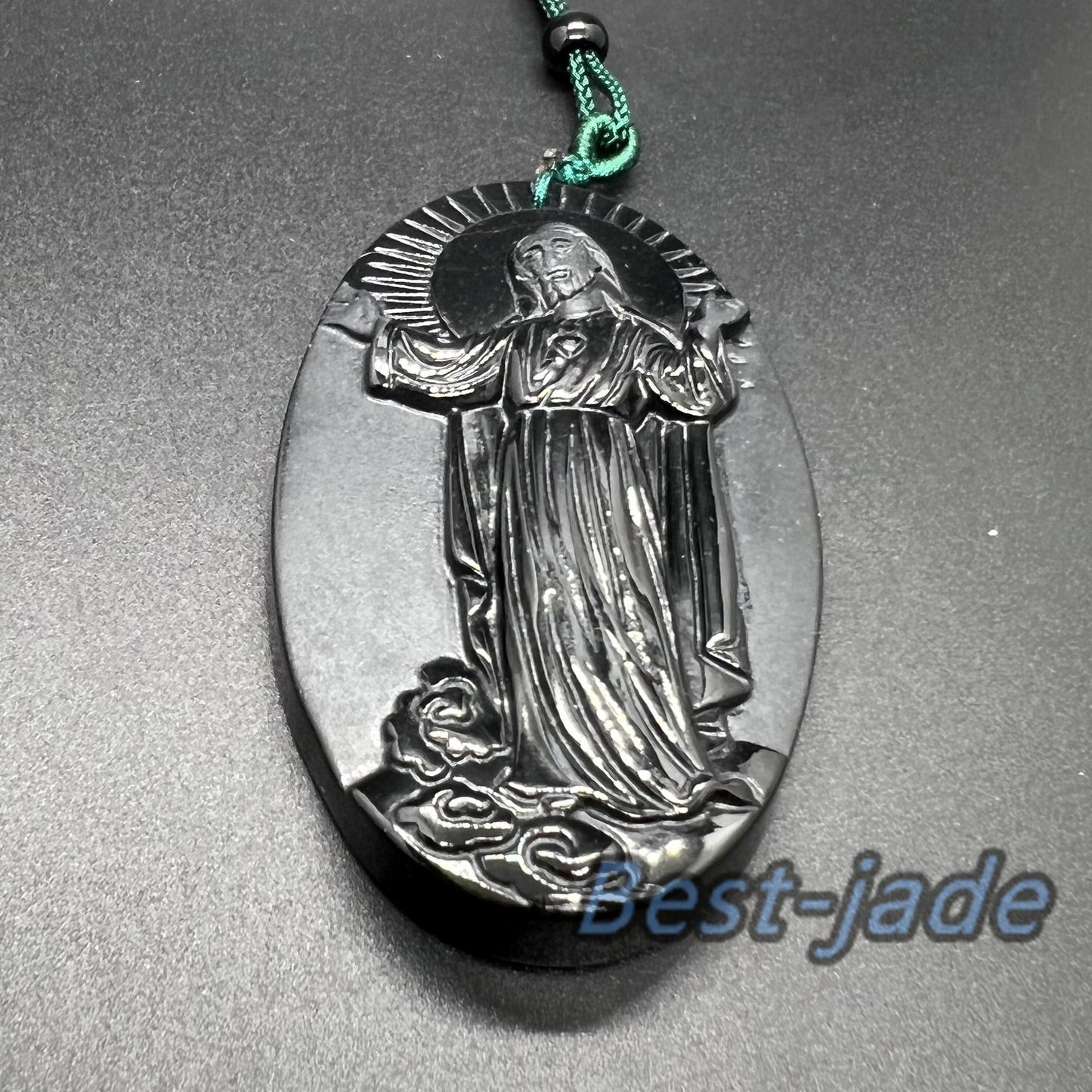 Jesus Pendant Natural Black Grade A Jade goddess Black Mo jade Burma jade Christian necklace