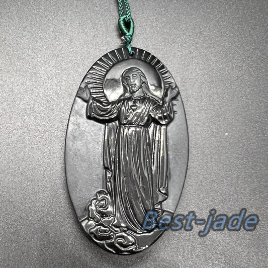 Jesus Pendant Natural Black Grade A Jade goddess Black Mo jade Burma jade Christian necklace