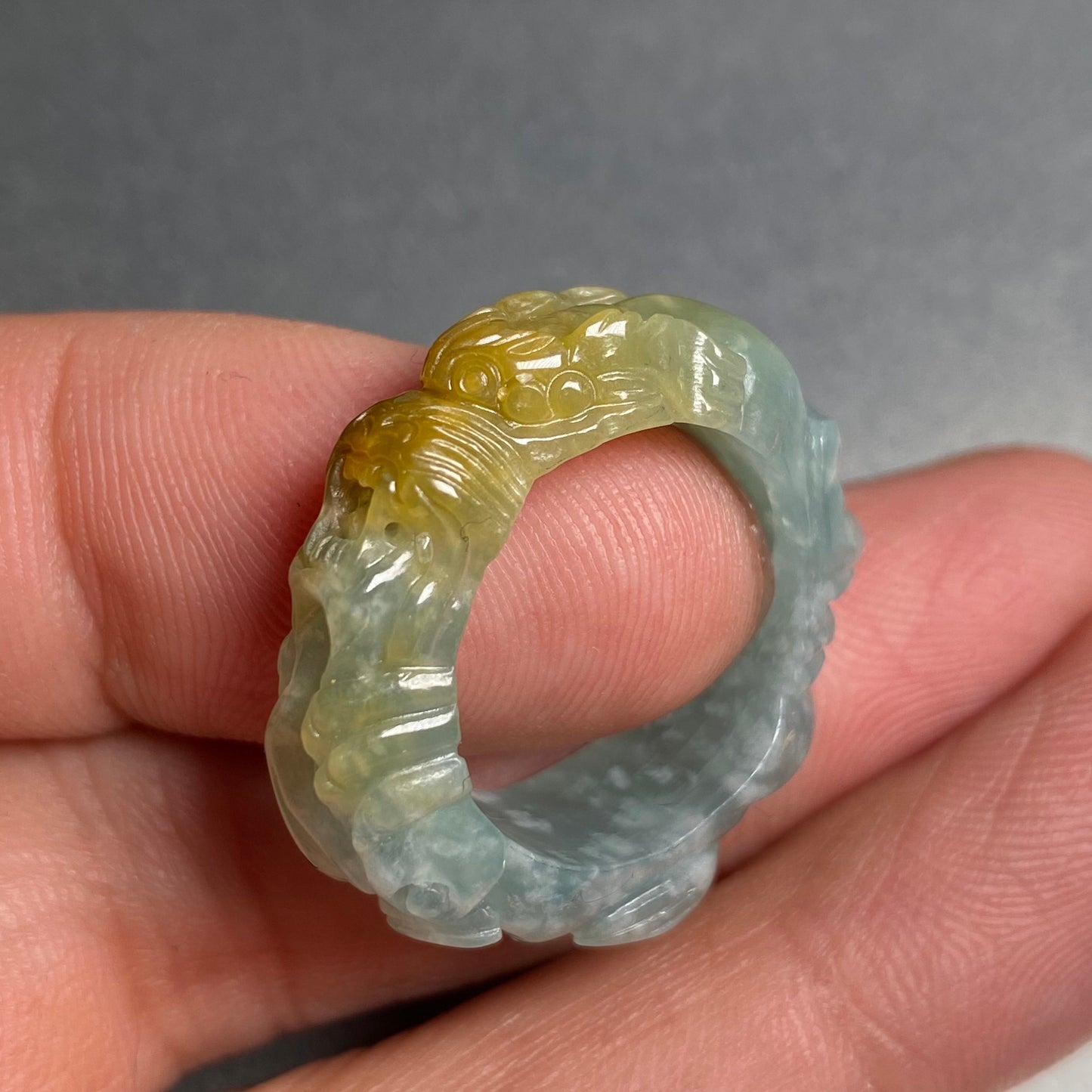 18mm Custom Carved dragon Grade A jade  Band Ring Natural yellow blue Jadeite Hand carved bead gemstone Lady jadeware gift