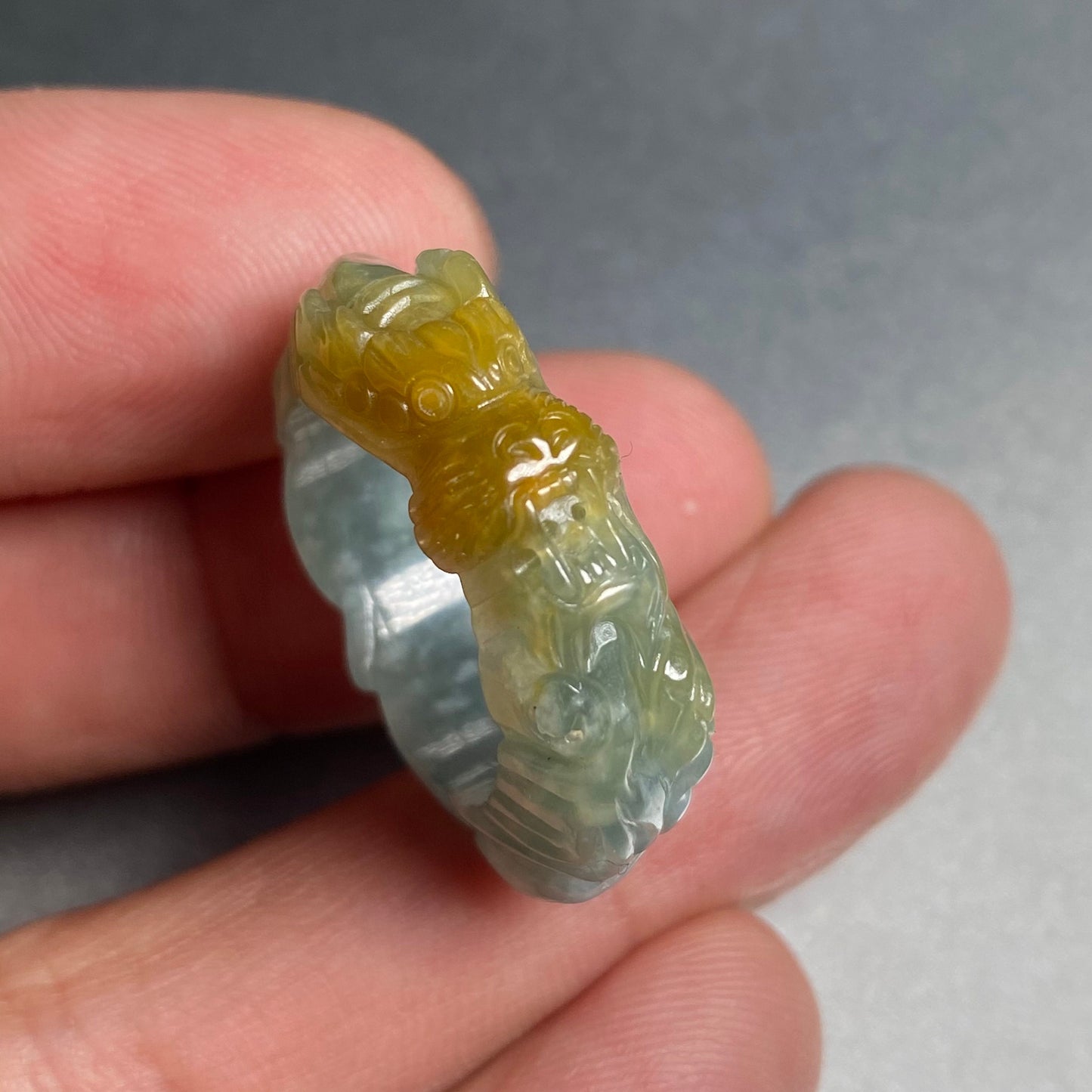 18mm Custom Carved dragon Grade A jade  Band Ring Natural yellow blue Jadeite Hand carved bead gemstone Lady jadeware gift