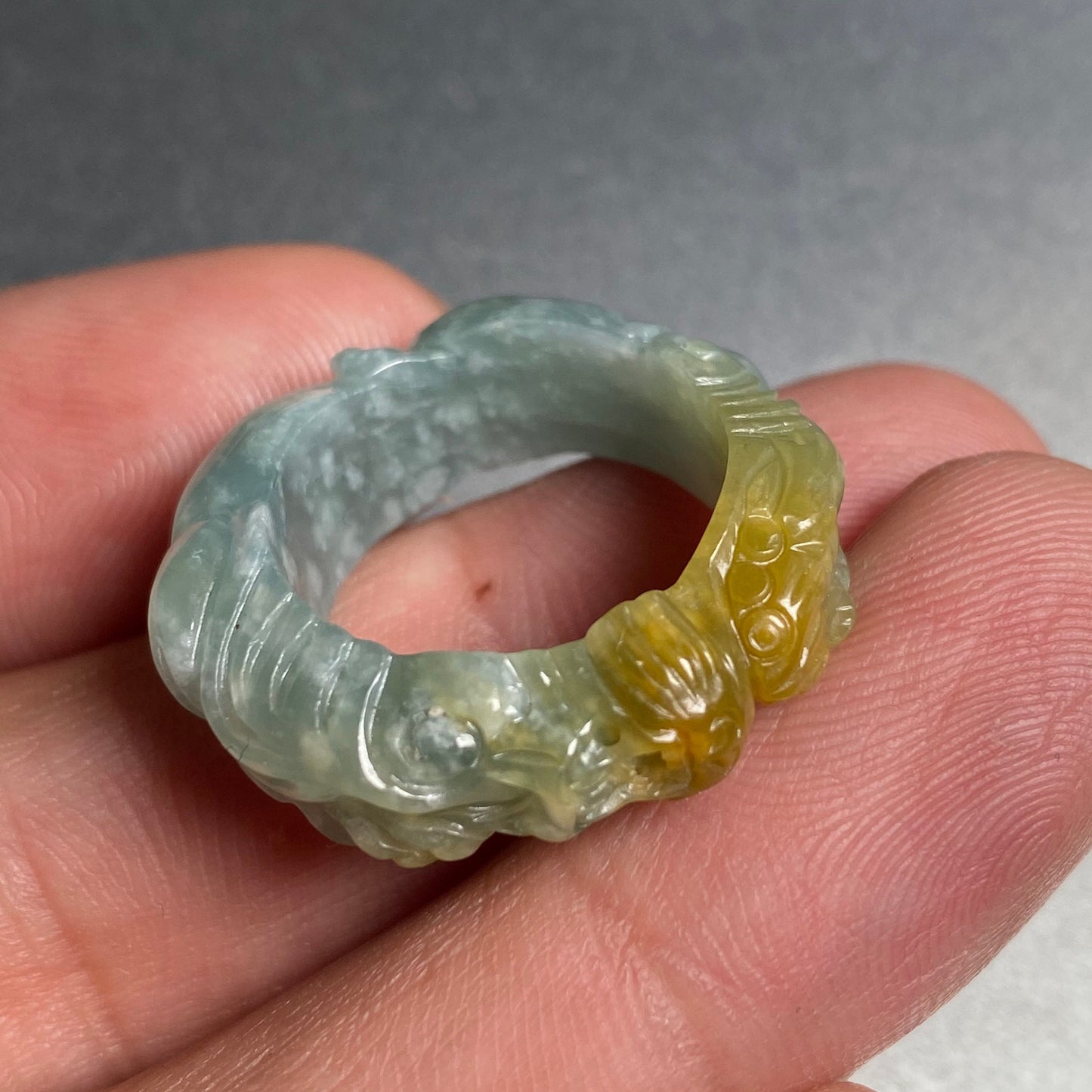 18mm Custom Carved dragon Grade A jade  Band Ring Natural yellow blue Jadeite Hand carved bead gemstone Lady jadeware gift