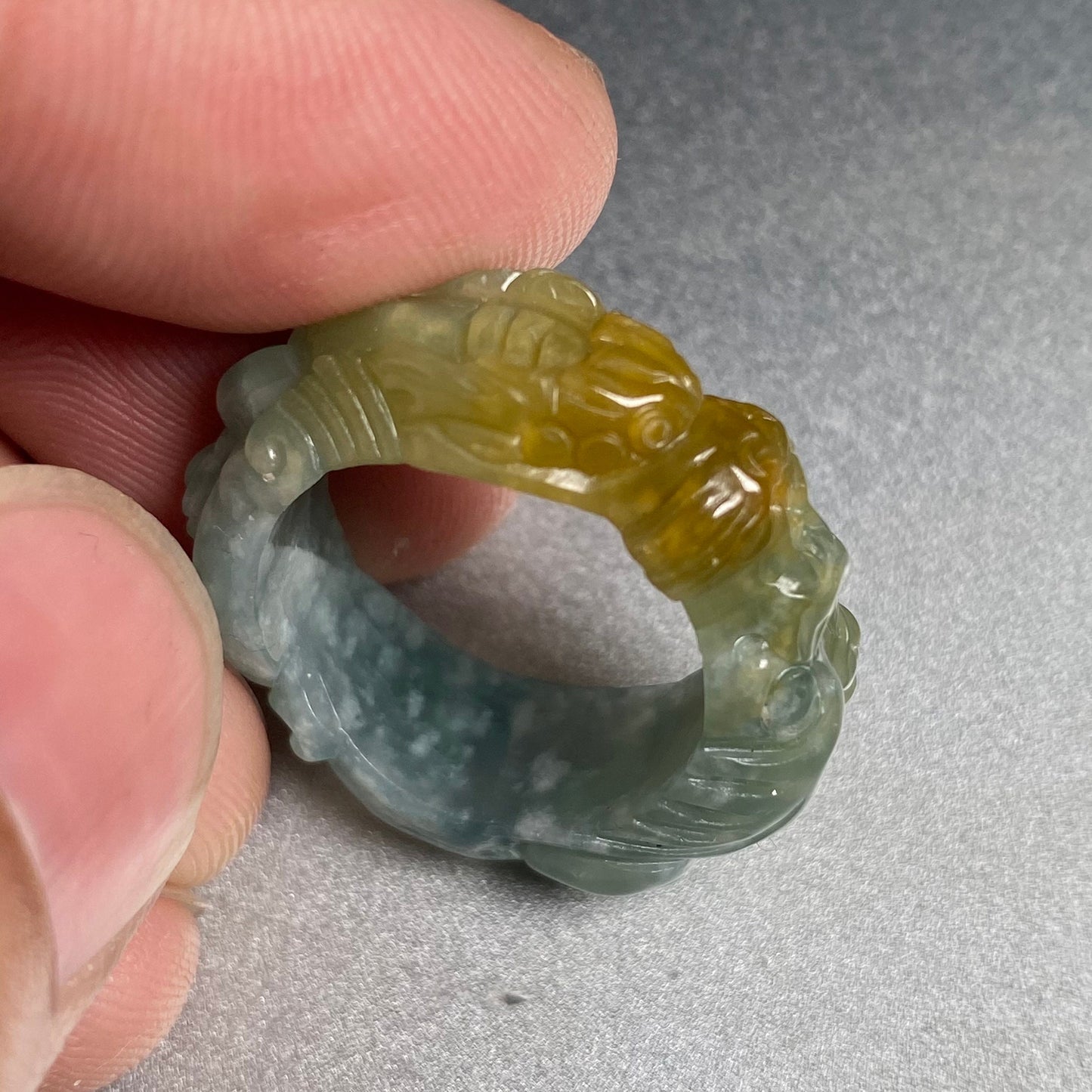 18mm Custom Carved dragon Grade A jade  Band Ring Natural yellow blue Jadeite Hand carved bead gemstone Lady jadeware gift