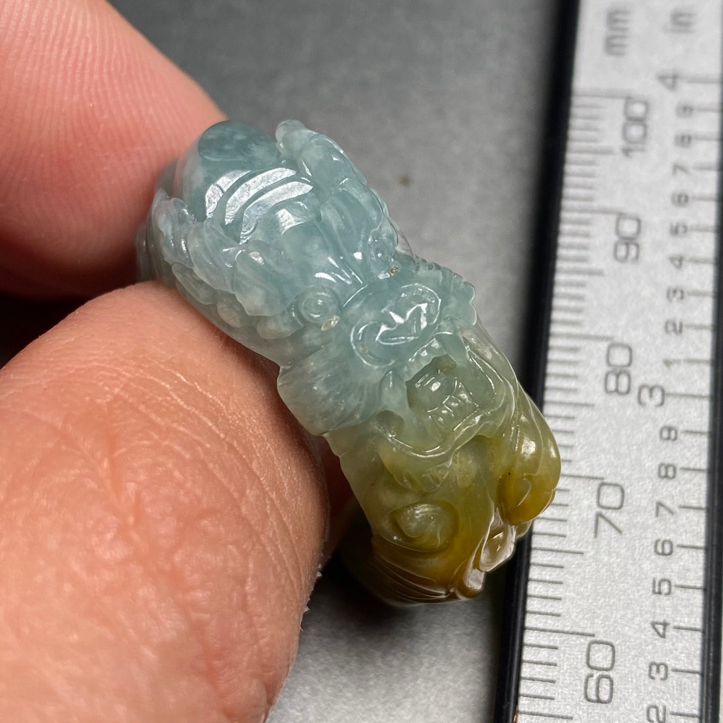 20.2mm Custom Carved dragon Grade A jade  Band Ring Natural yellow blue Jadeite Hand carved bead gemstone Lady jadeware gift