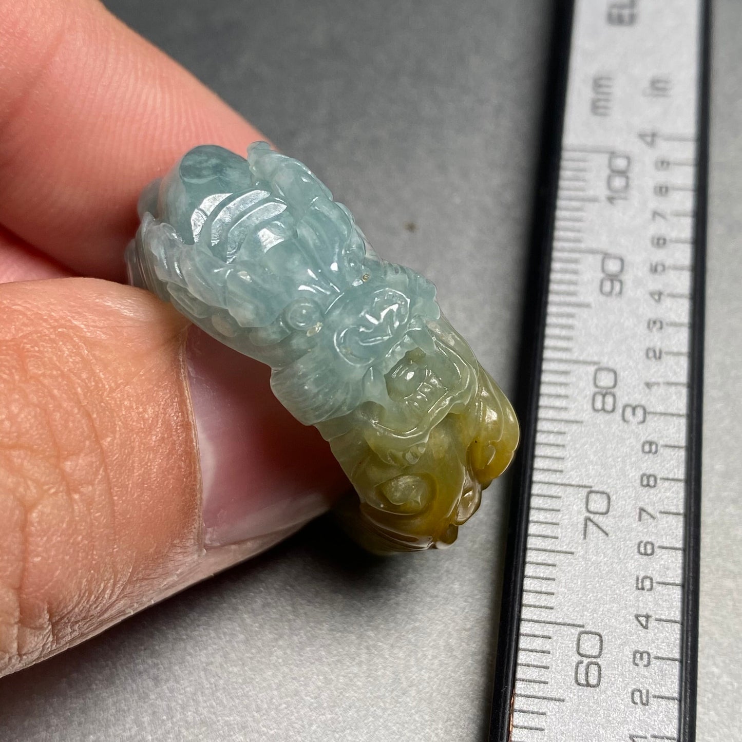 20.2mm Custom Carved dragon Grade A jade  Band Ring Natural yellow blue Jadeite Hand carved bead gemstone Lady jadeware gift