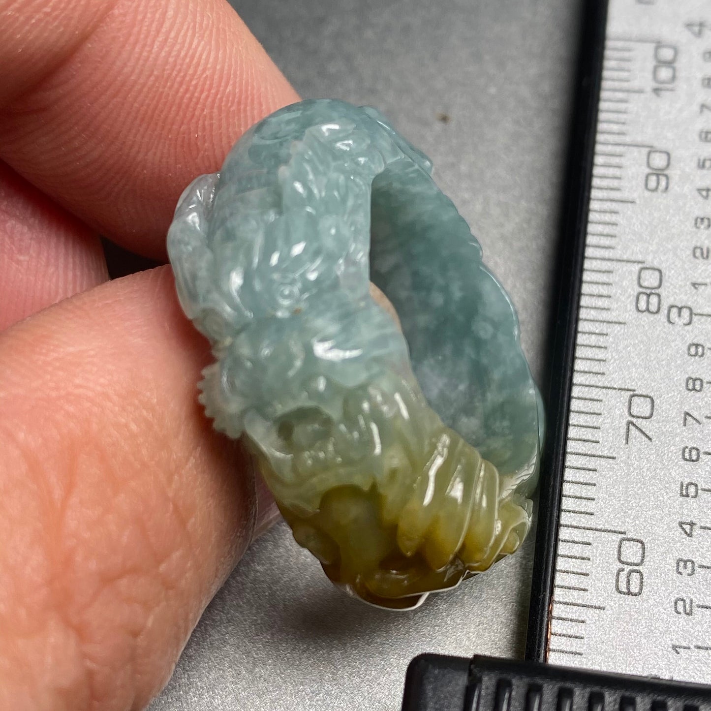 20.2mm Custom Carved dragon Grade A jade  Band Ring Natural yellow blue Jadeite Hand carved bead gemstone Lady jadeware gift