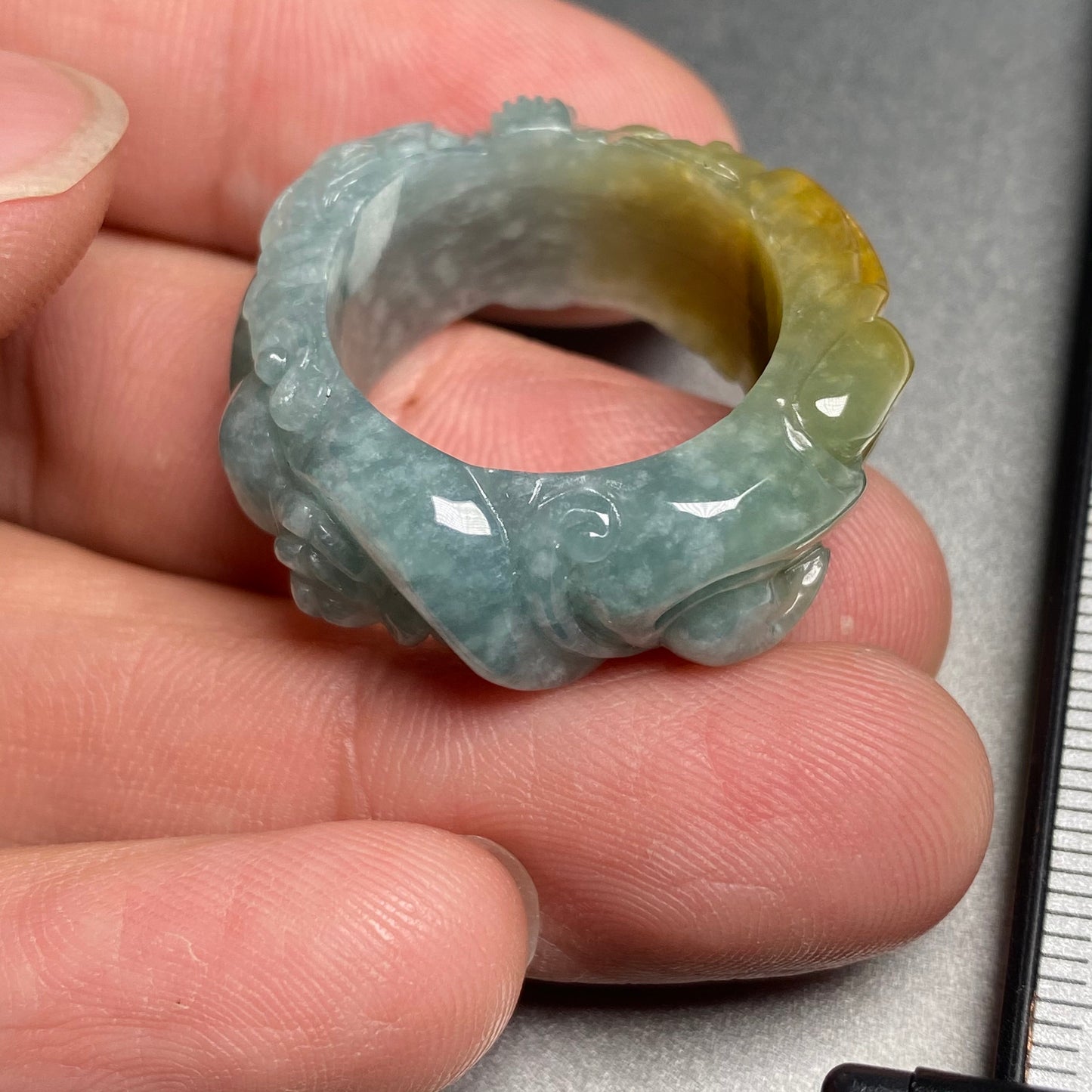 20.2mm Custom Carved dragon Grade A jade  Band Ring Natural yellow blue Jadeite Hand carved bead gemstone Lady jadeware gift