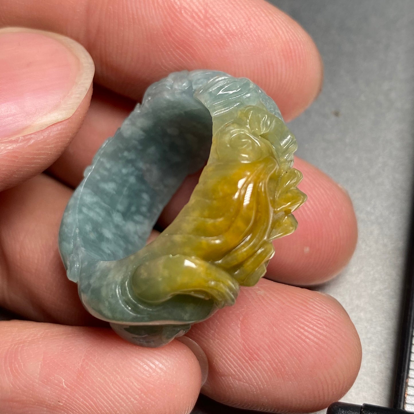 20.2mm Custom Carved dragon Grade A jade  Band Ring Natural yellow blue Jadeite Hand carved bead gemstone Lady jadeware gift