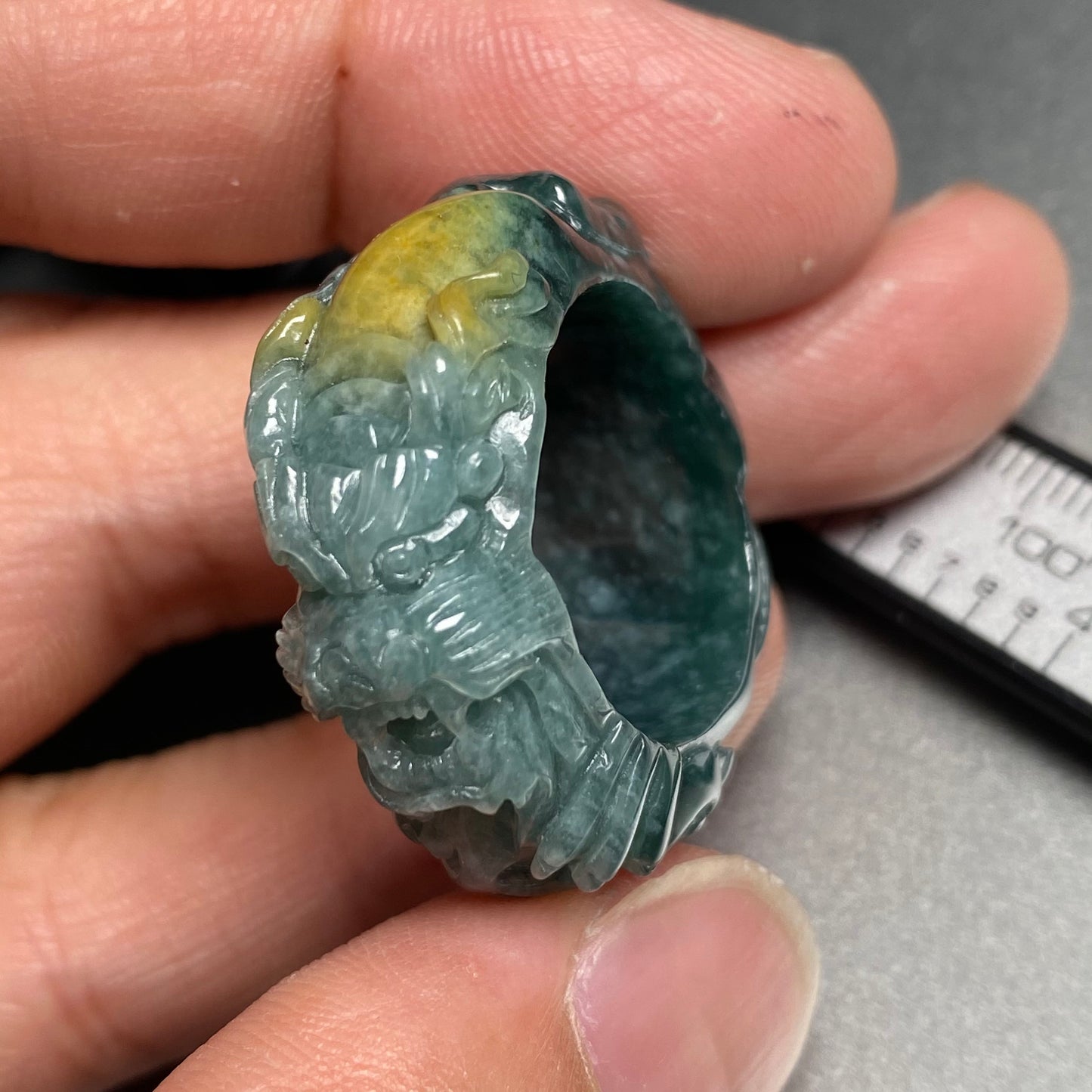 20.1mm Custom Carved dragon Grade A jade  Band Ring Natural yellow blue Jadeite Hand carved bead gemstone Lady jadeware gift